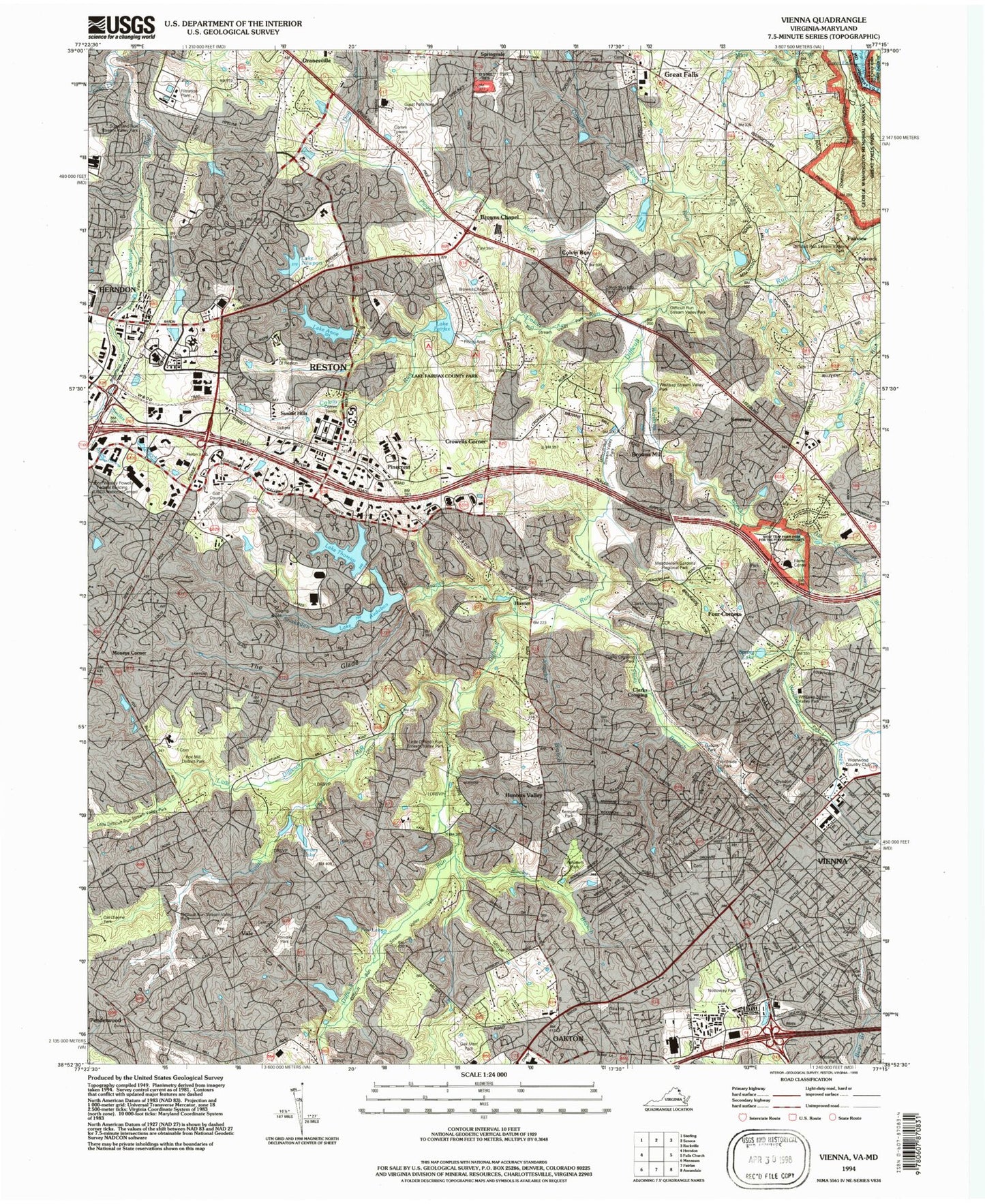 Classic USGS Vienna Virginia 7.5'x7.5' Topo Map Image