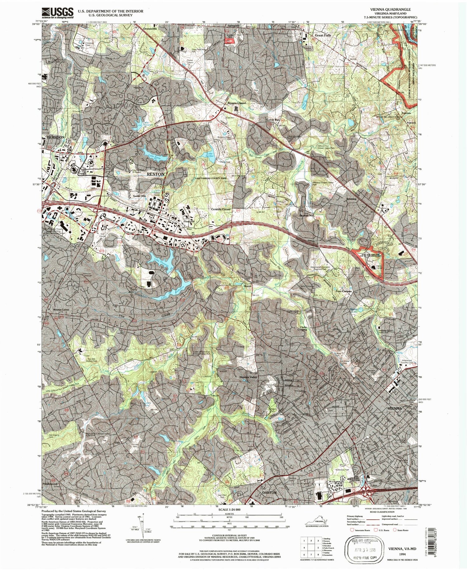 Classic USGS Vienna Virginia 7.5'x7.5' Topo Map Image