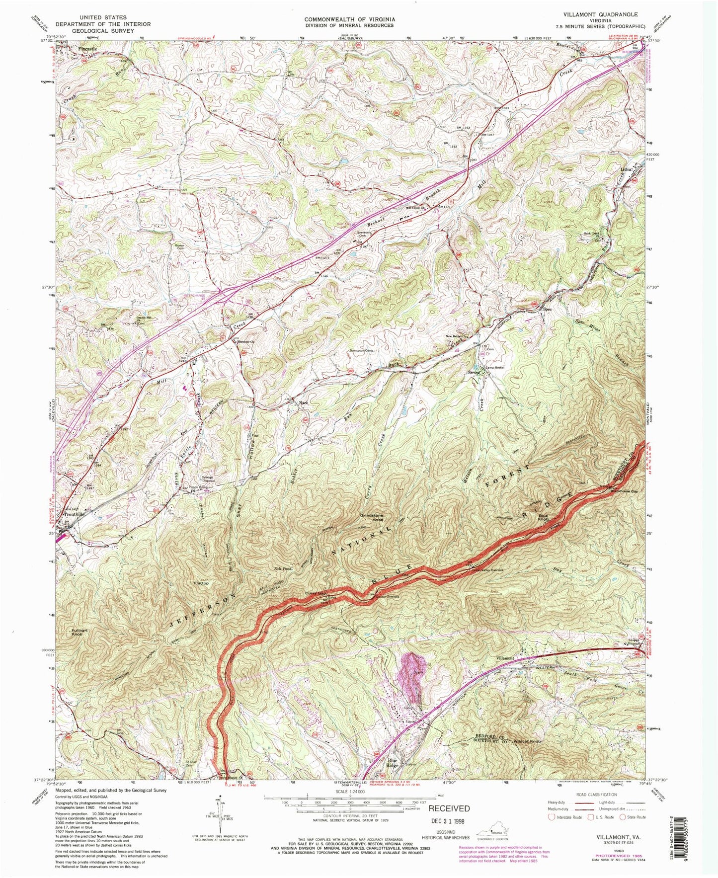 Classic USGS Villamont Virginia 7.5'x7.5' Topo Map Image