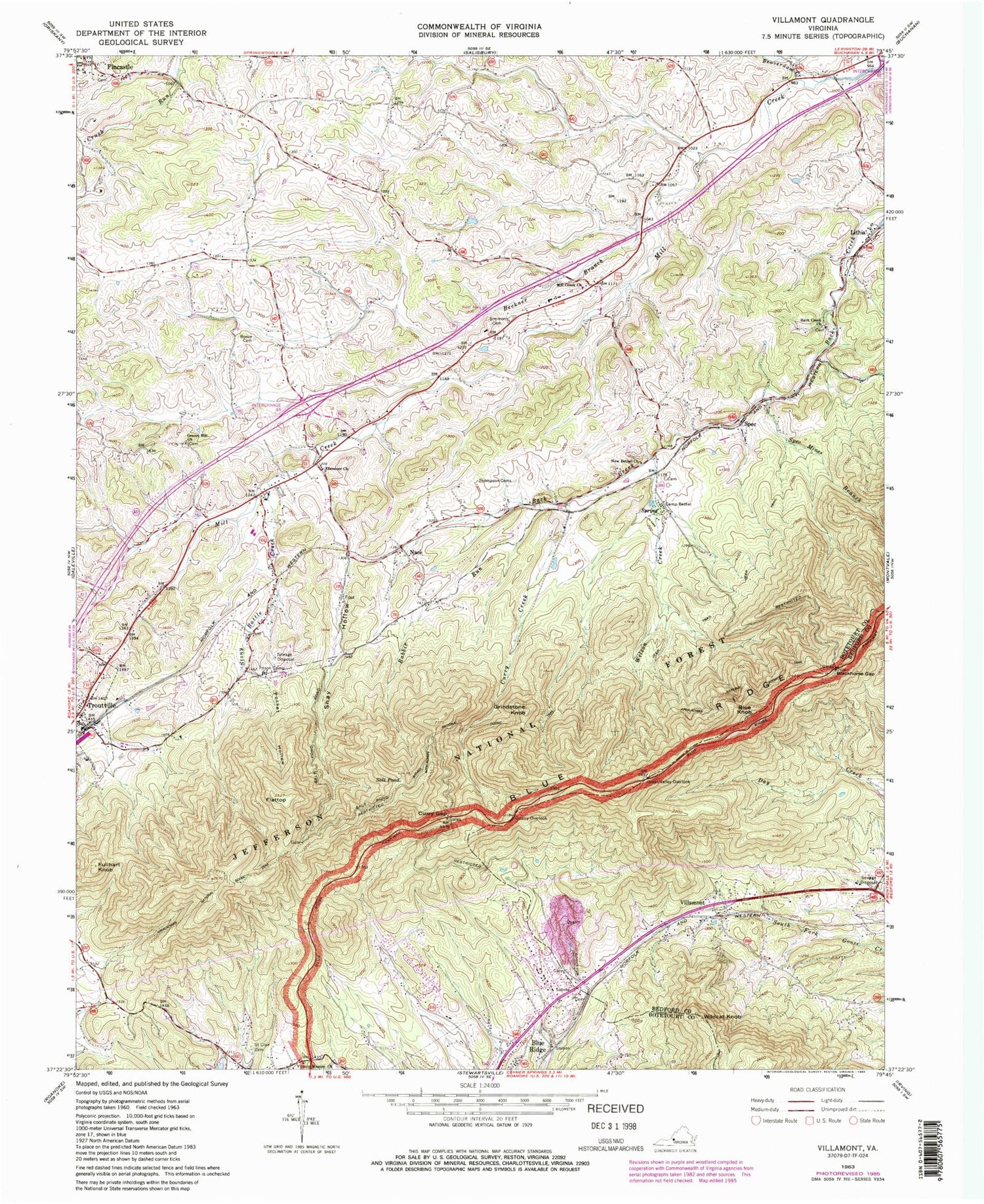 Classic USGS Villamont Virginia 7.5'x7.5' Topo Map Image