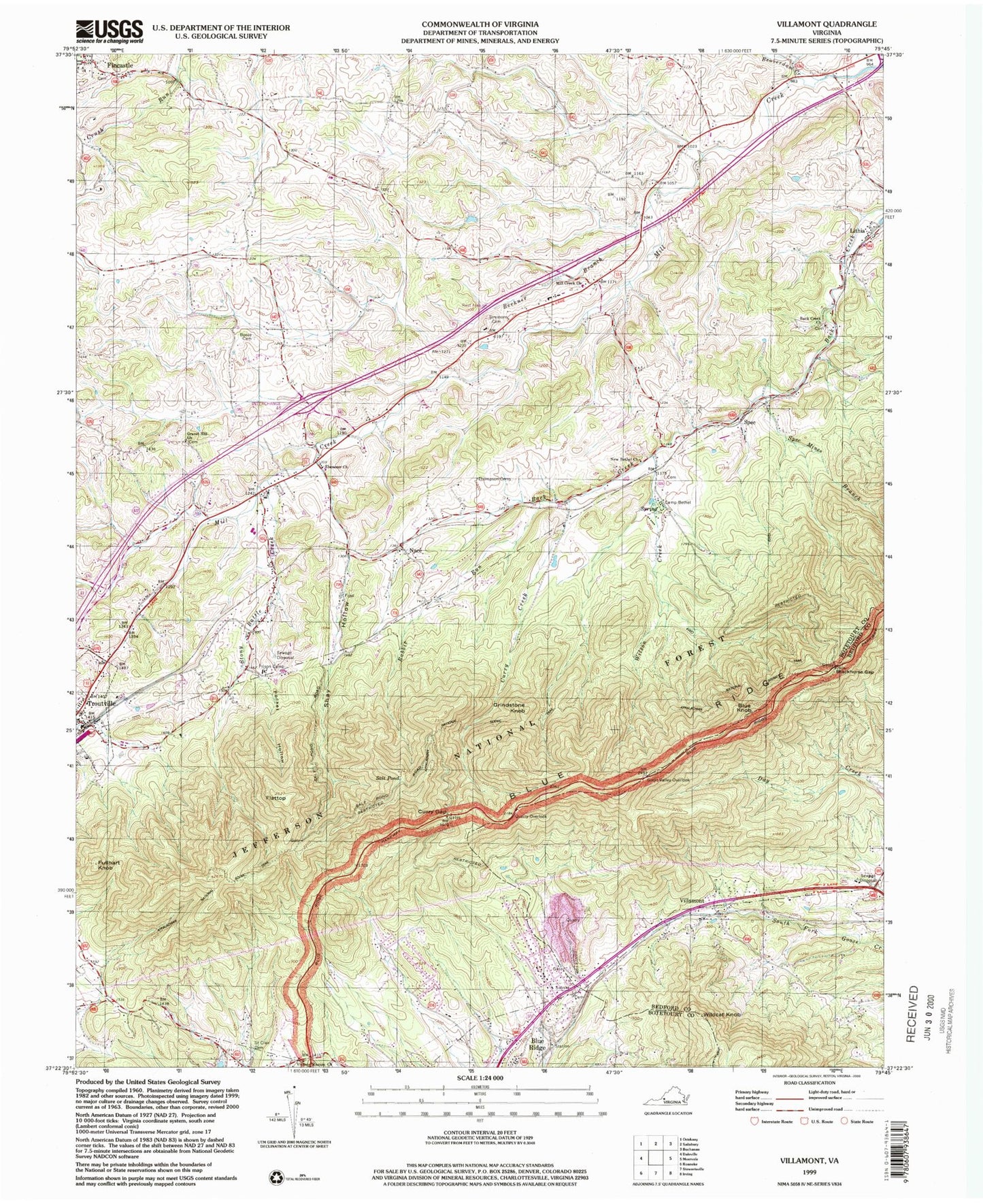 Classic USGS Villamont Virginia 7.5'x7.5' Topo Map Image