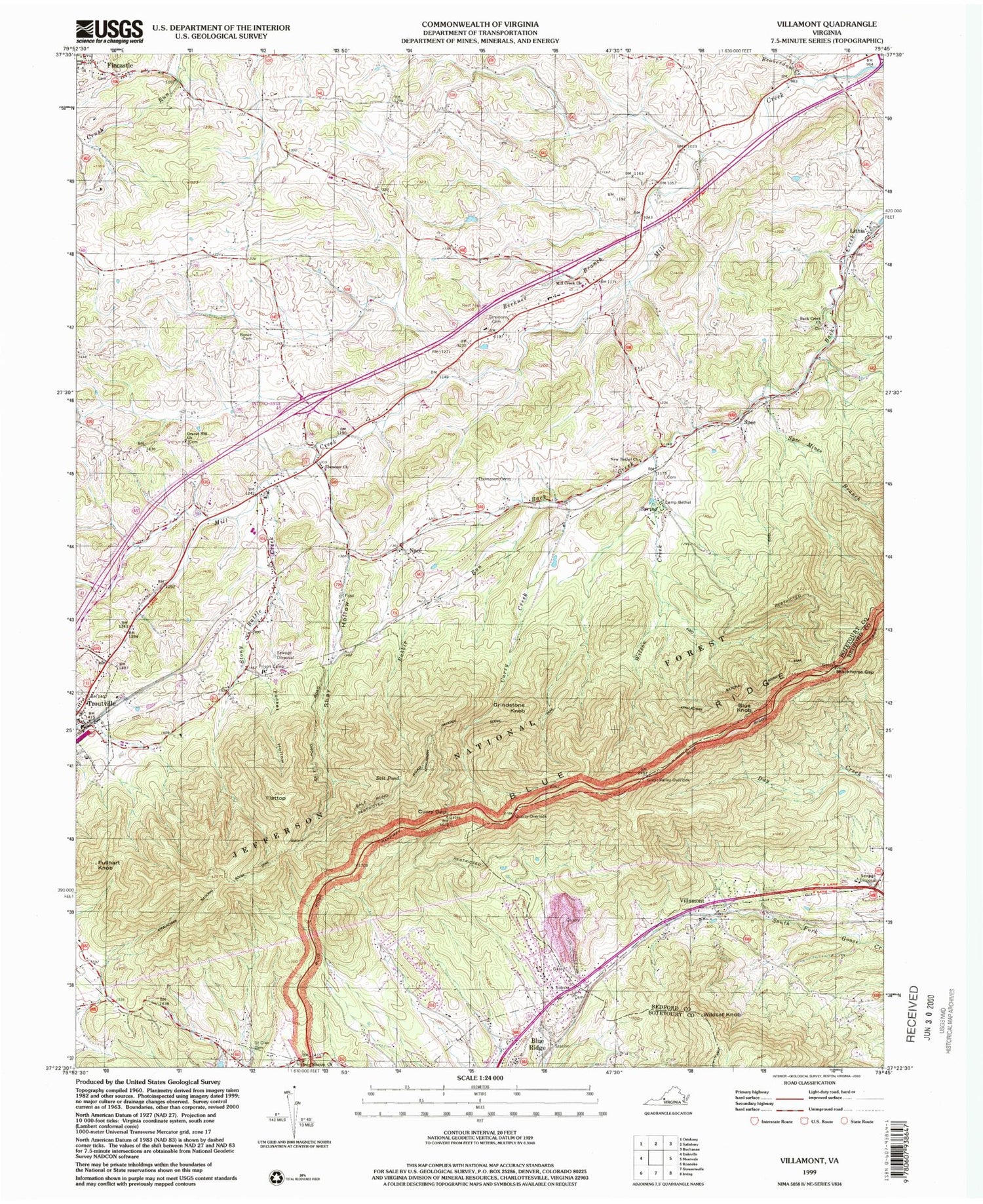 Classic USGS Villamont Virginia 7.5'x7.5' Topo Map Image