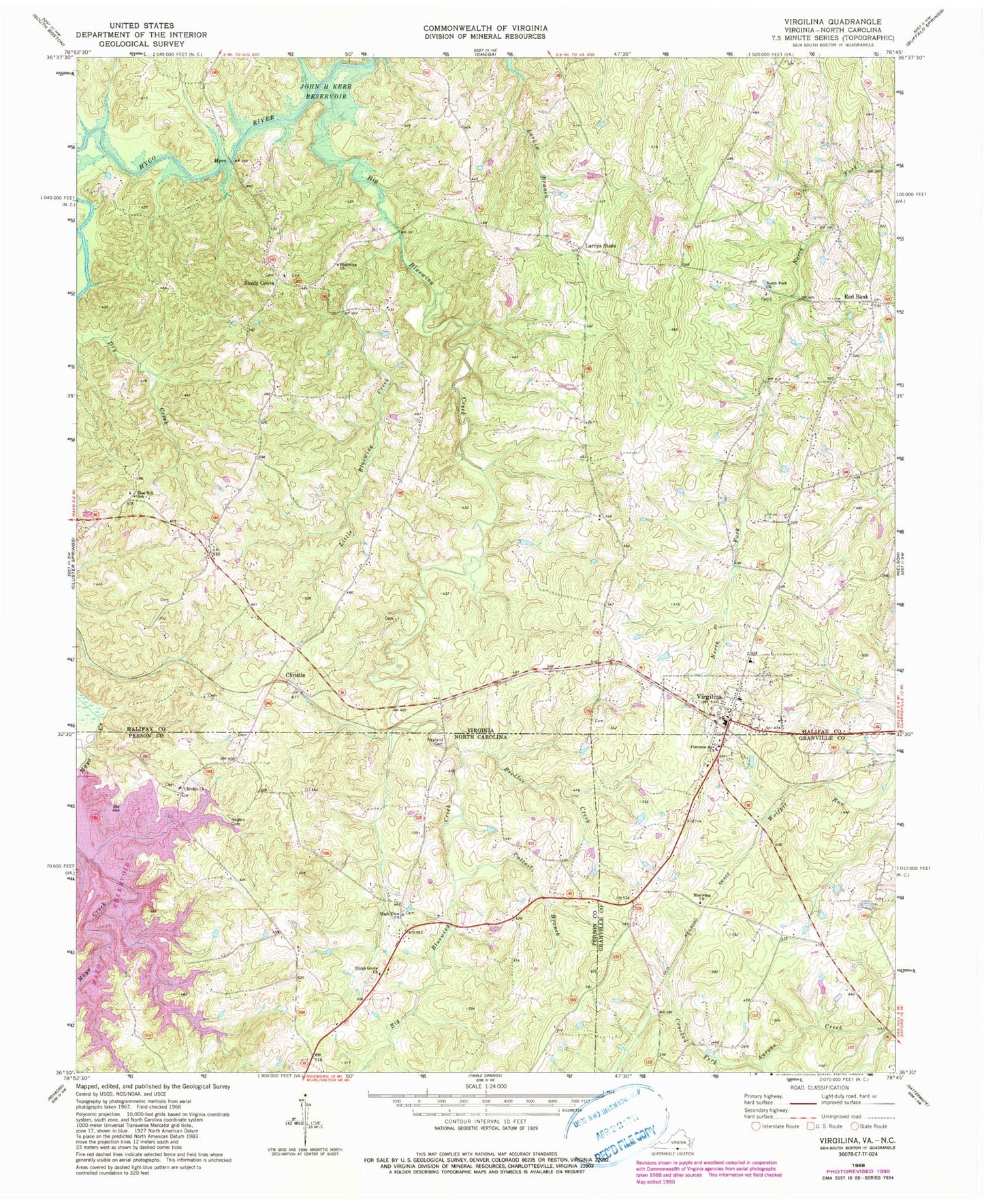 Classic USGS Virgilina Virginia 7.5'x7.5' Topo Map Image