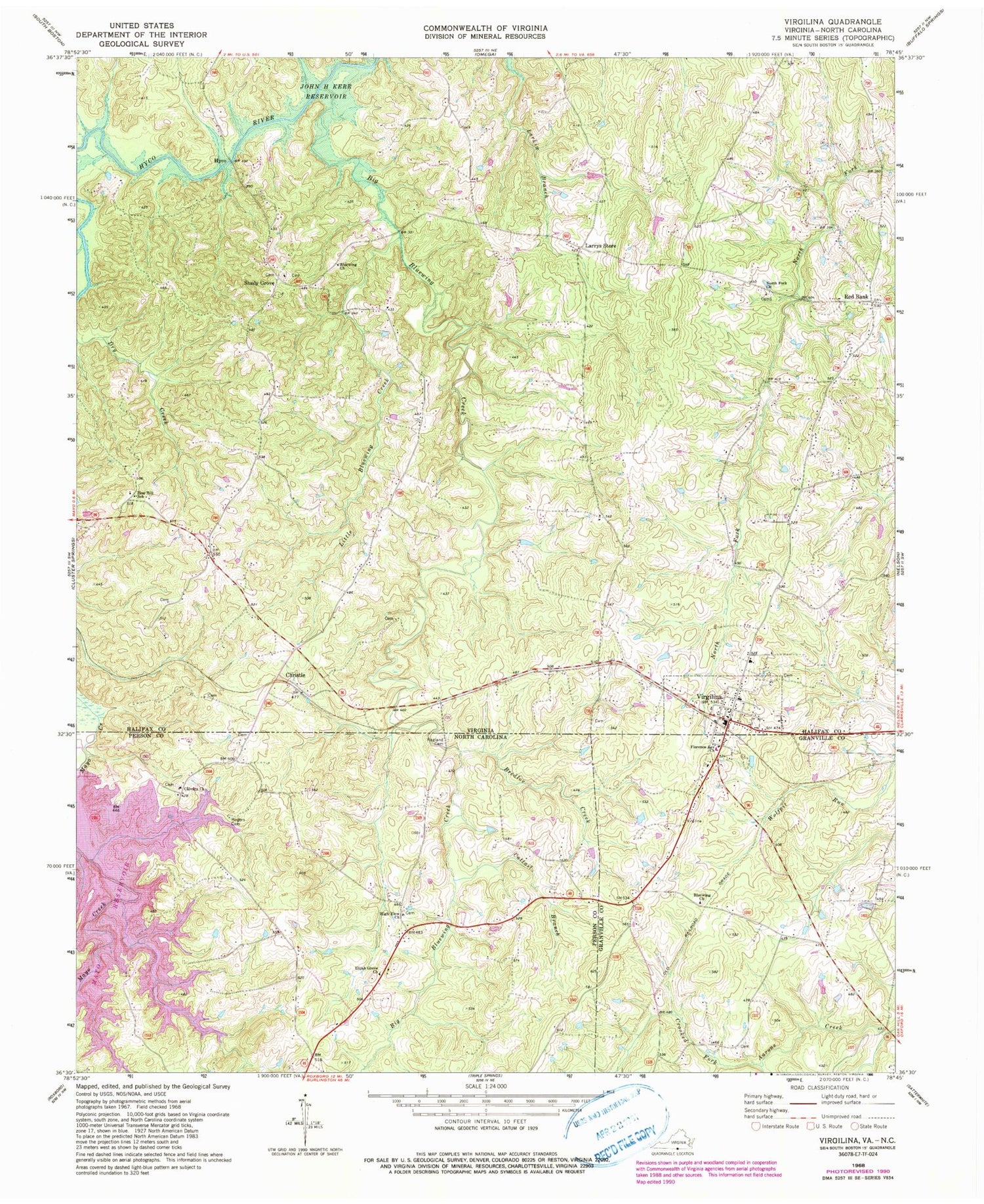 Classic USGS Virgilina Virginia 7.5'x7.5' Topo Map Image