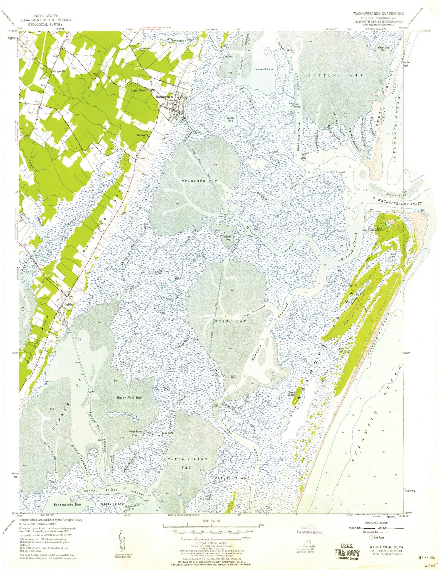 Classic USGS Wachapreague Virginia 7.5'x7.5' Topo Map Image