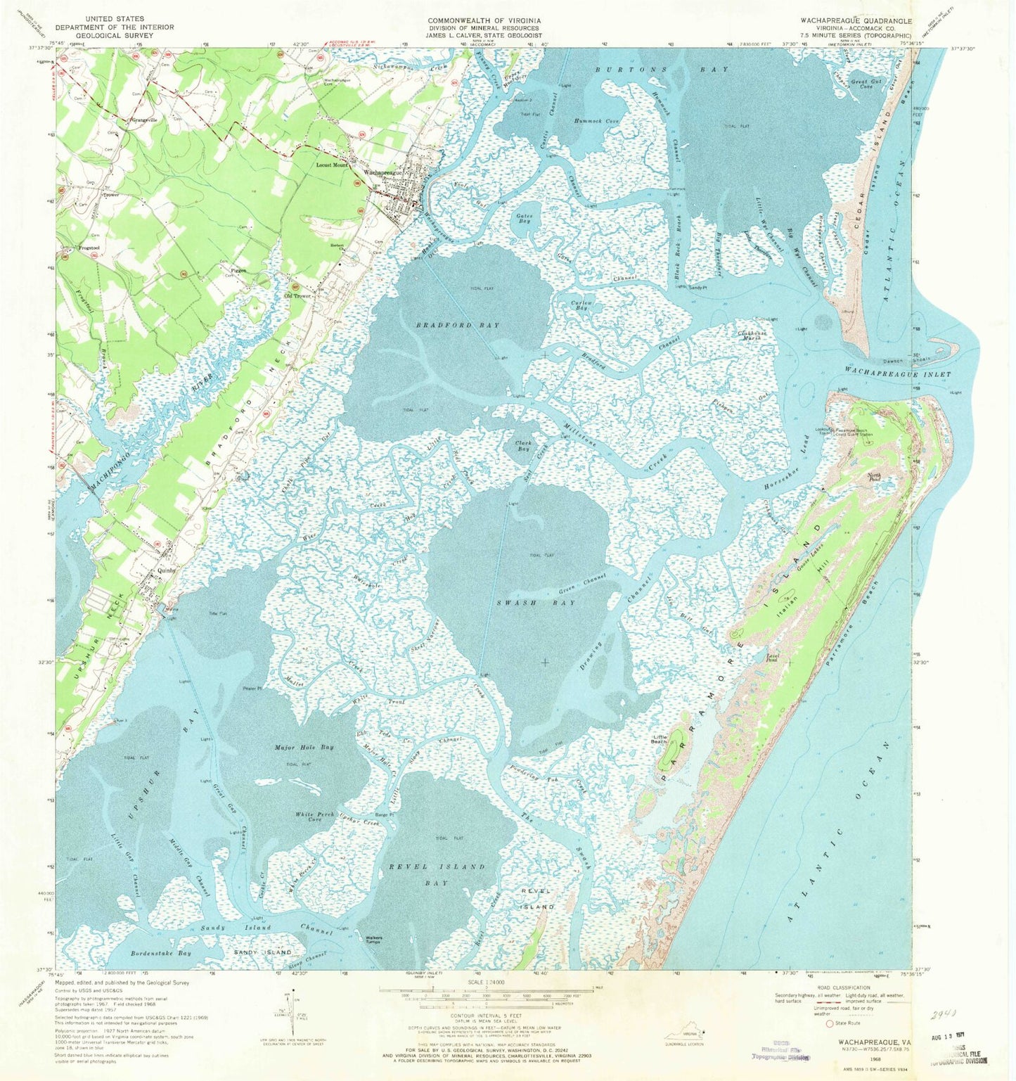 Classic USGS Wachapreague Virginia 7.5'x7.5' Topo Map Image