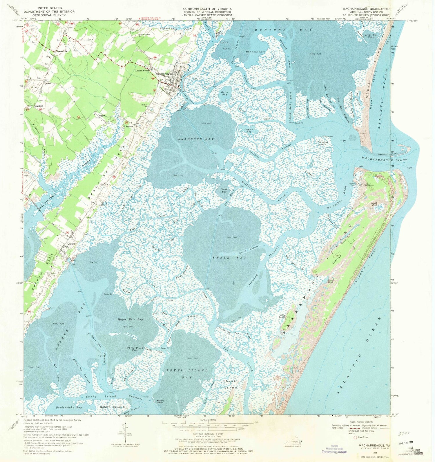 Classic USGS Wachapreague Virginia 7.5'x7.5' Topo Map Image