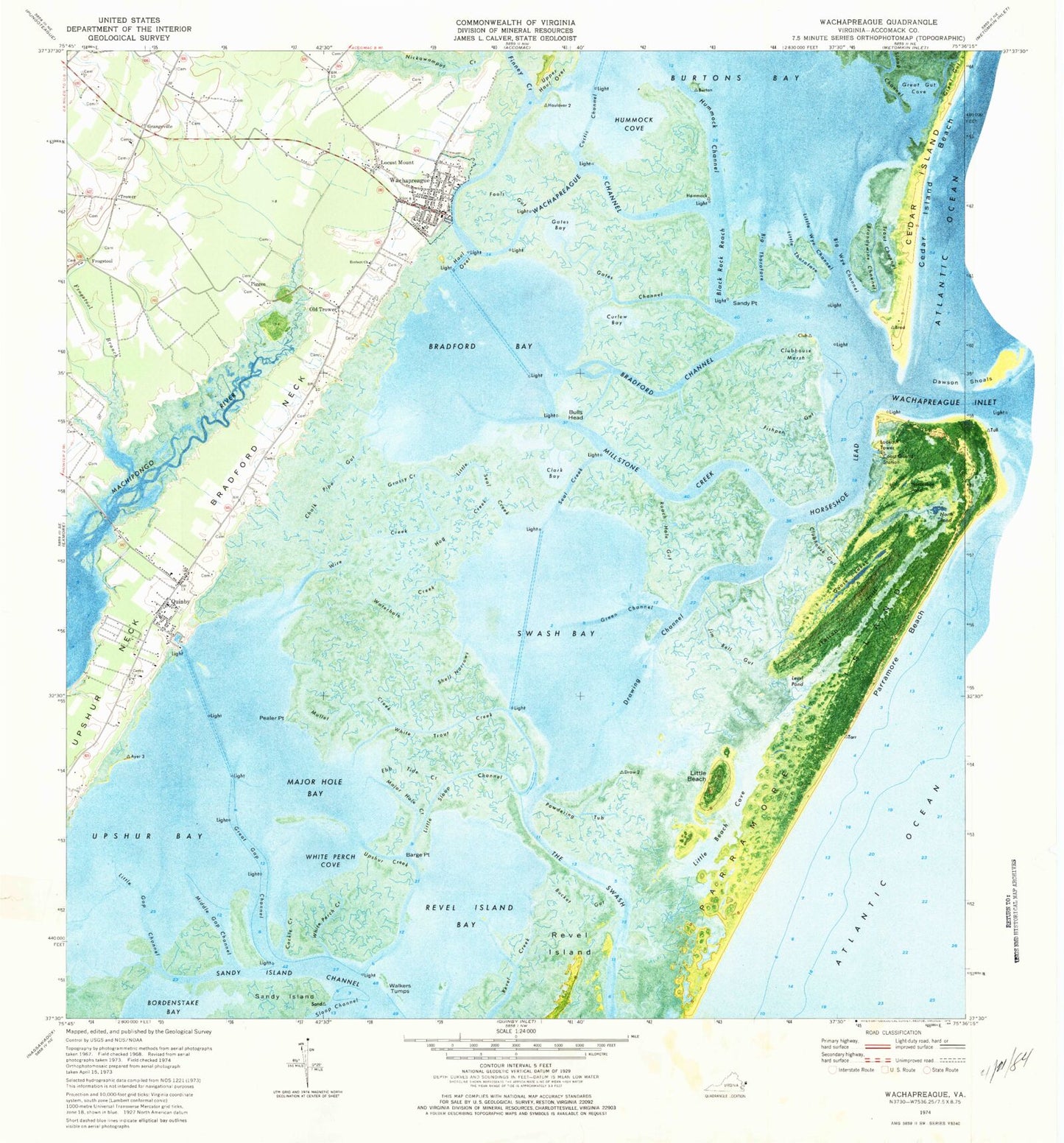 Classic USGS Wachapreague Virginia 7.5'x7.5' Topo Map Image