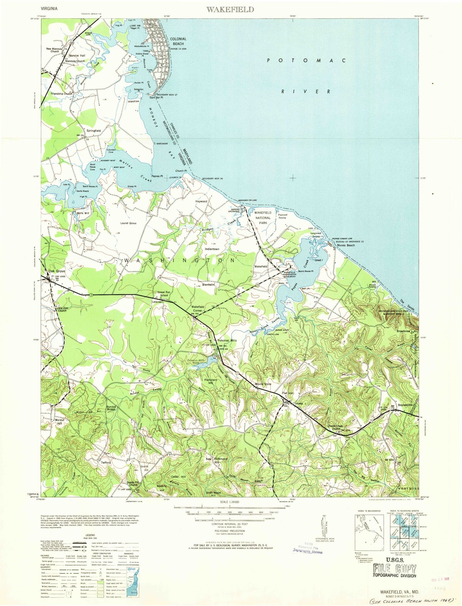 Classic USGS Colonial Beach South Virginia 7.5'x7.5' Topo Map Image