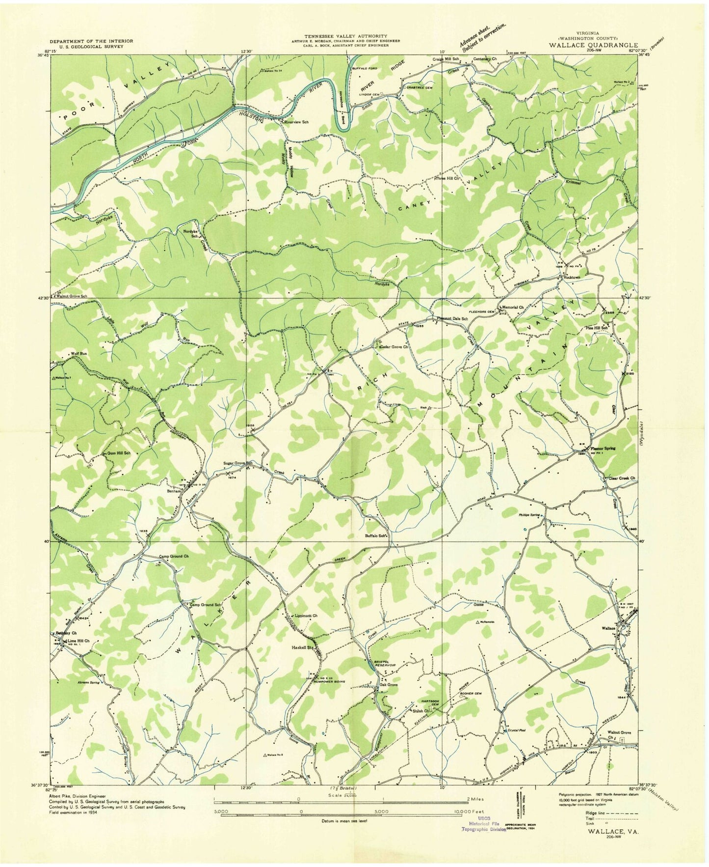 Classic USGS Wallace Virginia 7.5'x7.5' Topo Map Image
