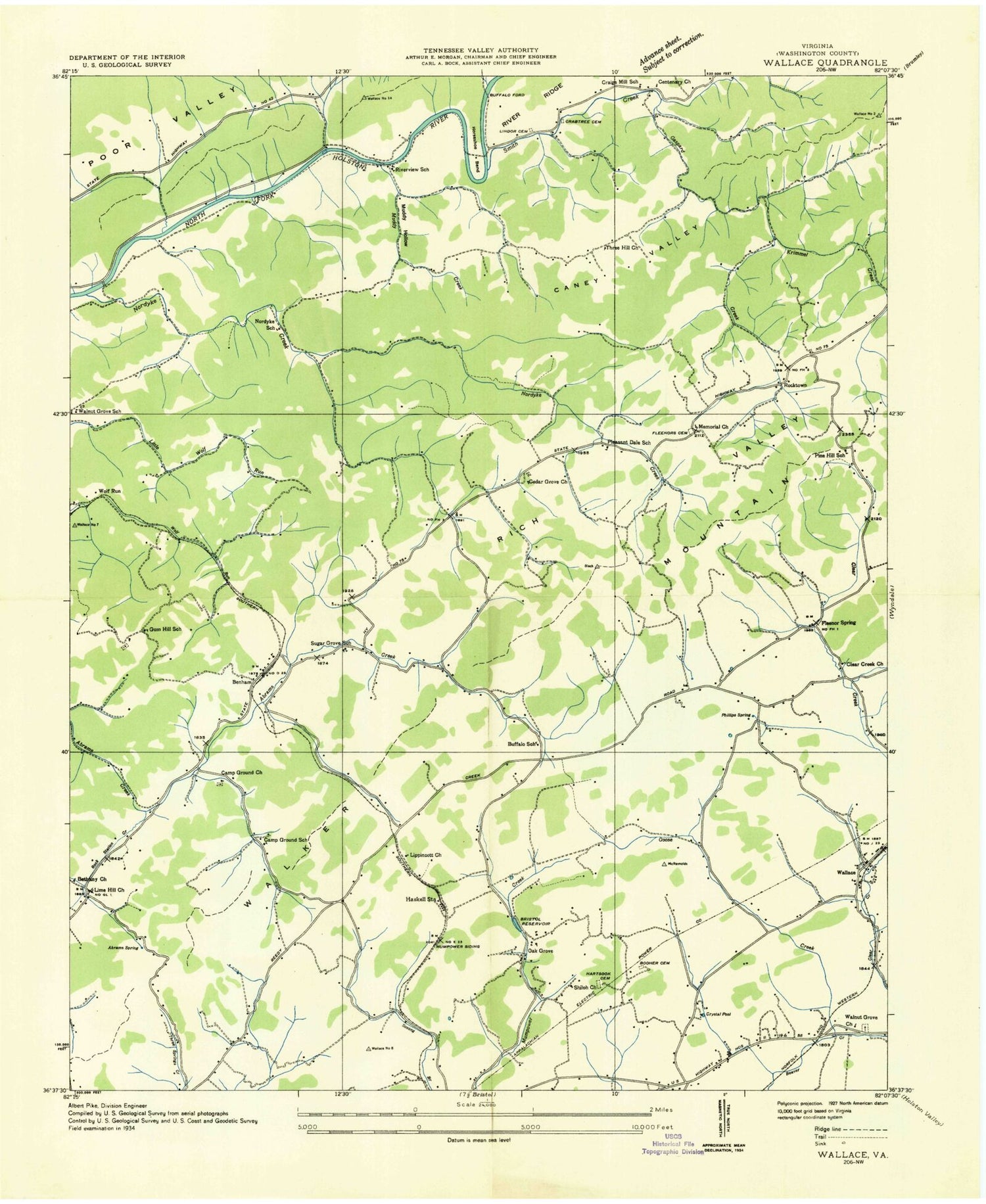 Classic USGS Wallace Virginia 7.5'x7.5' Topo Map Image
