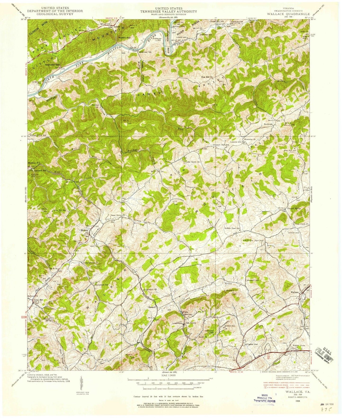 Classic USGS Wallace Virginia 7.5'x7.5' Topo Map Image