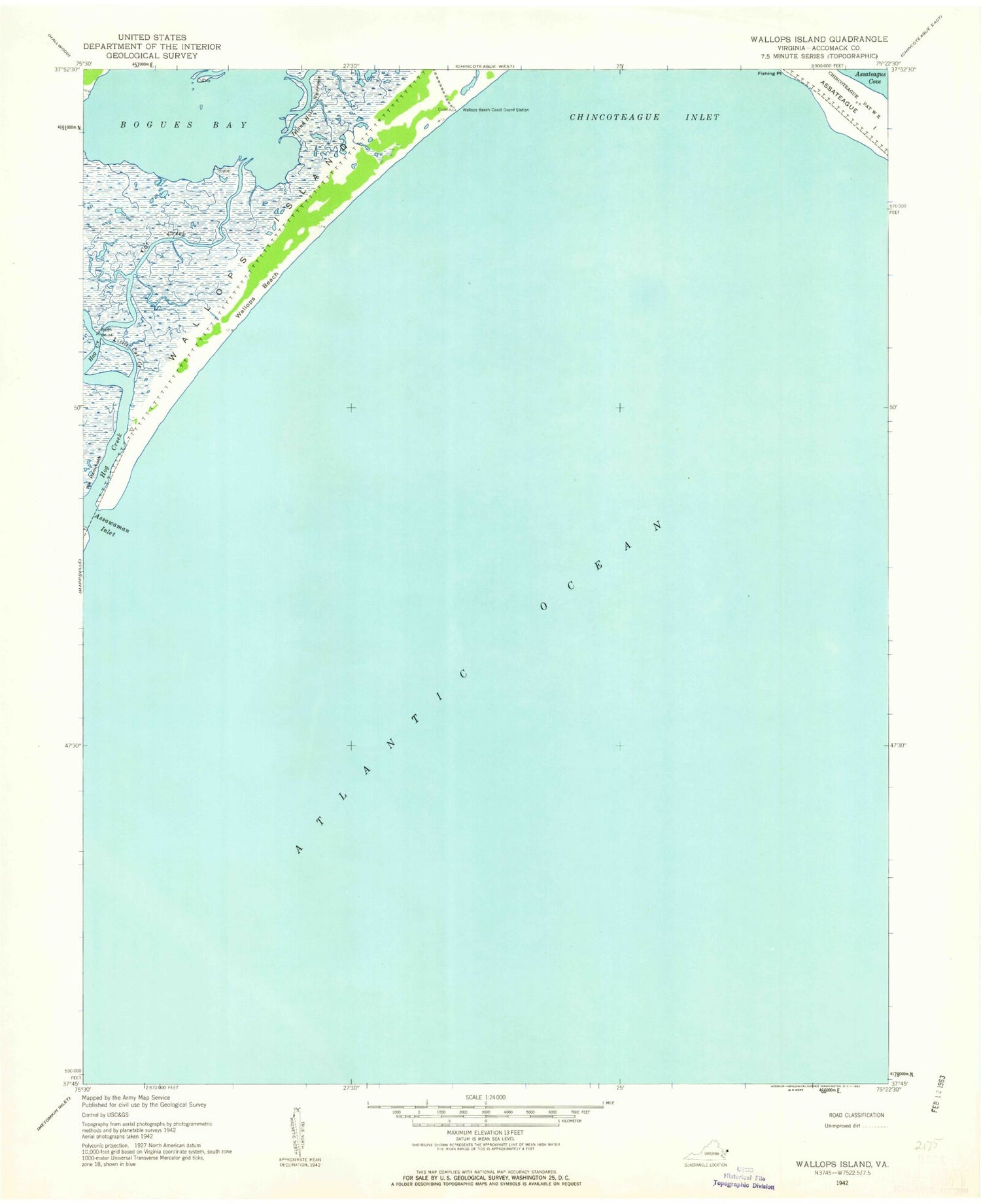 Classic USGS Wallops Island Virginia 7.5'x7.5' Topo Map Image