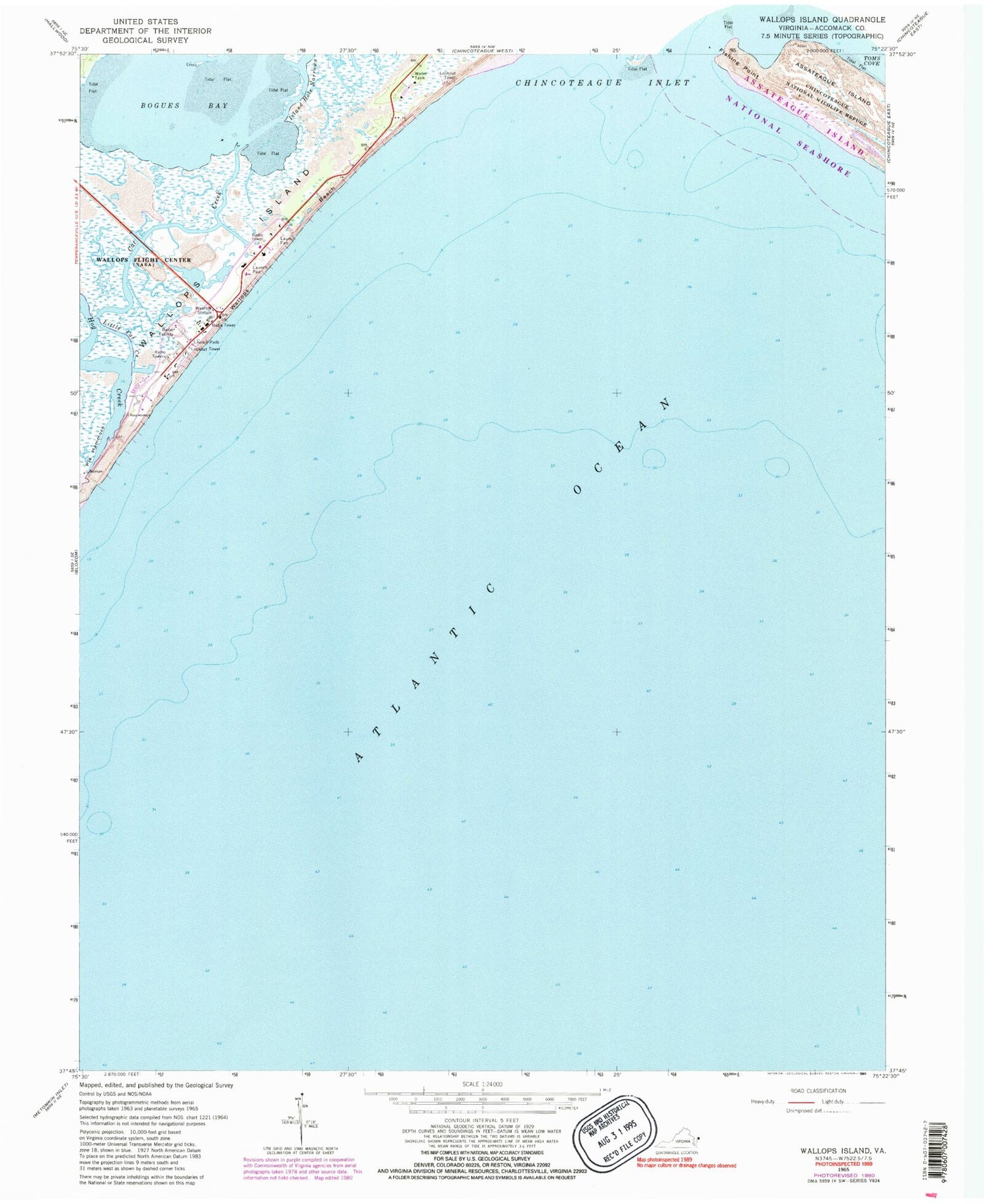 Classic USGS Wallops Island Virginia 7.5'x7.5' Topo Map Image