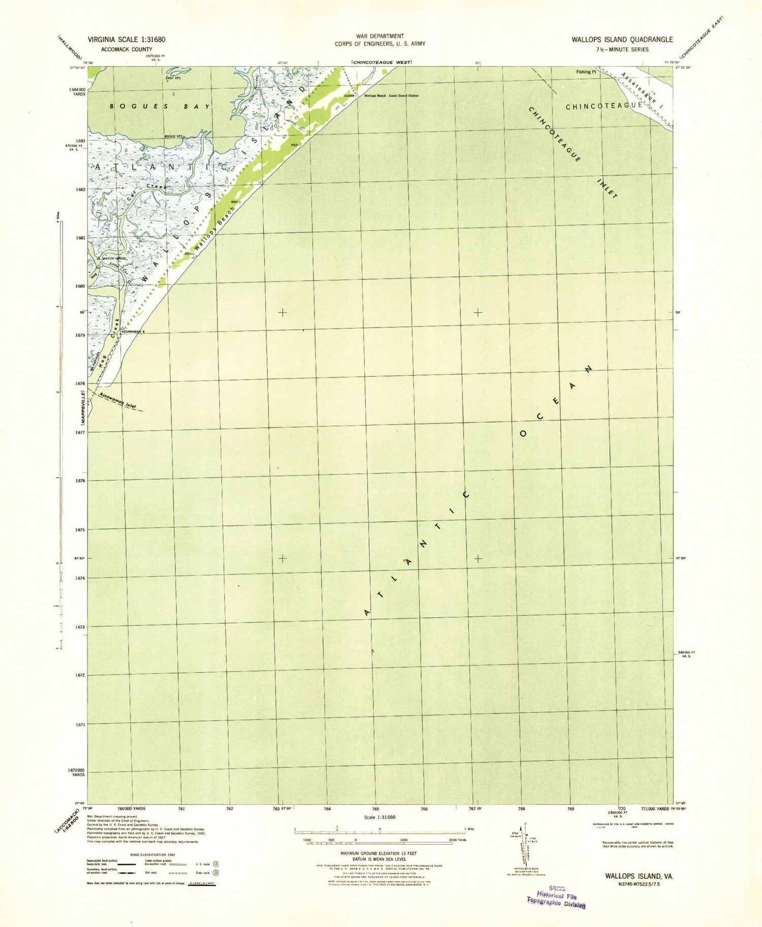 Classic USGS Wallops Island Virginia 7.5'x7.5' Topo Map Image
