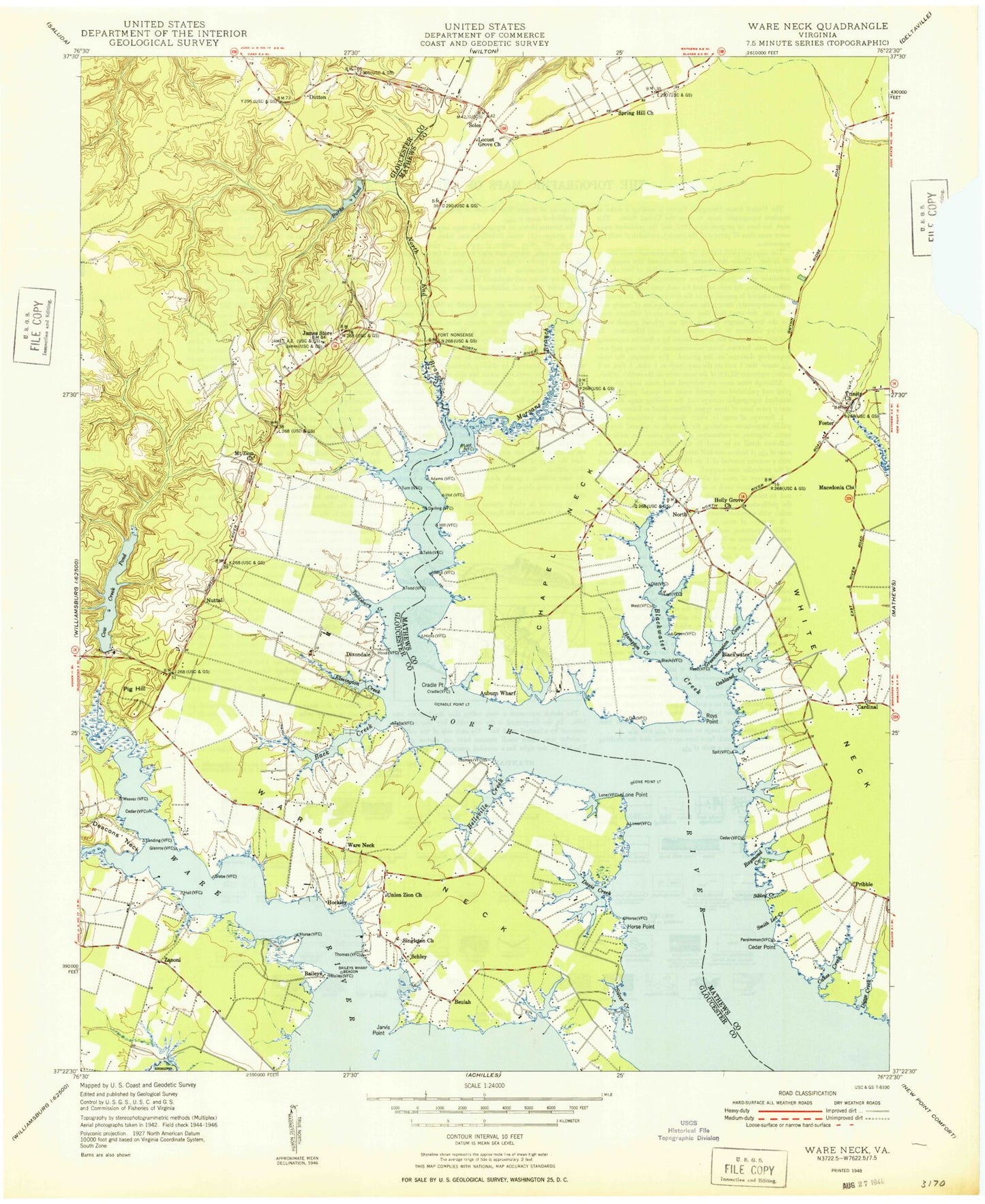 Classic USGS Ware Neck Virginia 7.5'x7.5' Topo Map Image