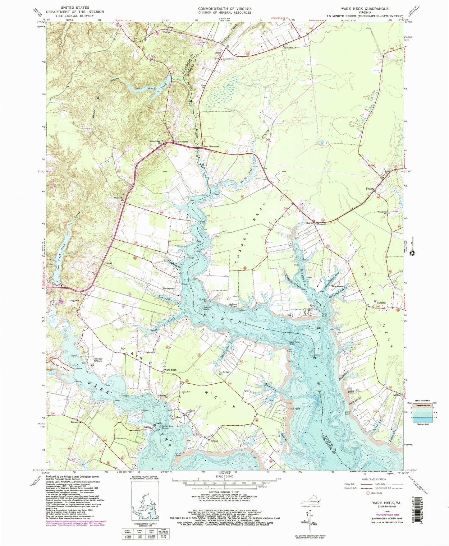 Classic USGS Ware Neck Virginia 7.5'x7.5' Topo Map Image