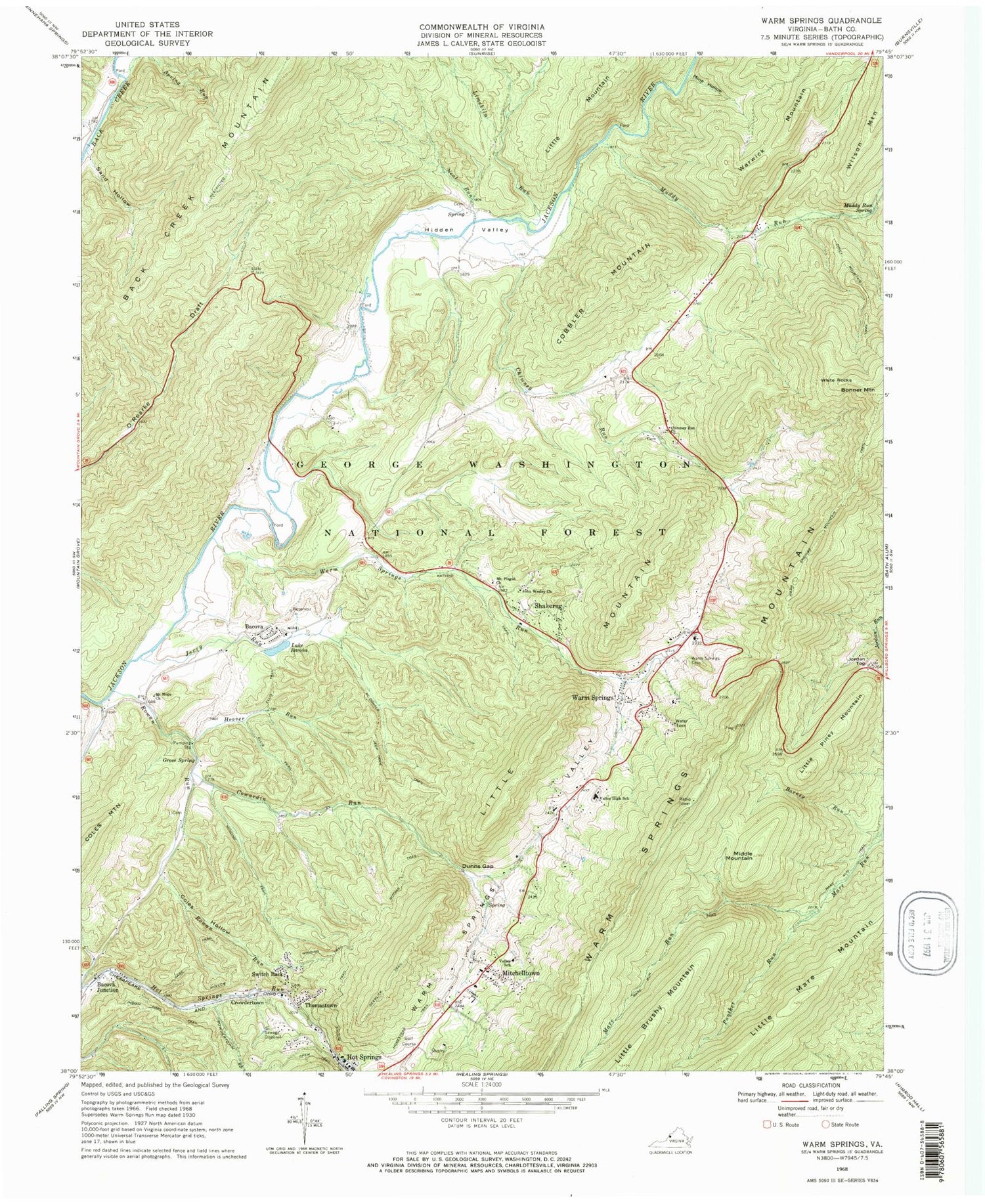Classic USGS Warm Springs Virginia 7.5'x7.5' Topo Map Image