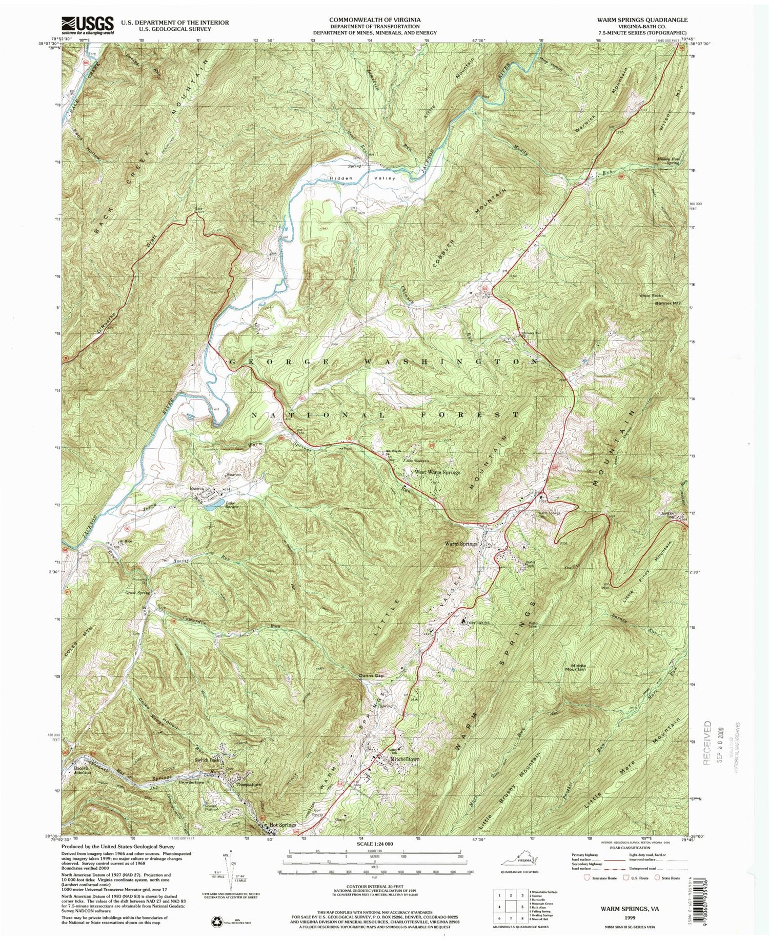 Classic USGS Warm Springs Virginia 7.5'x7.5' Topo Map Image