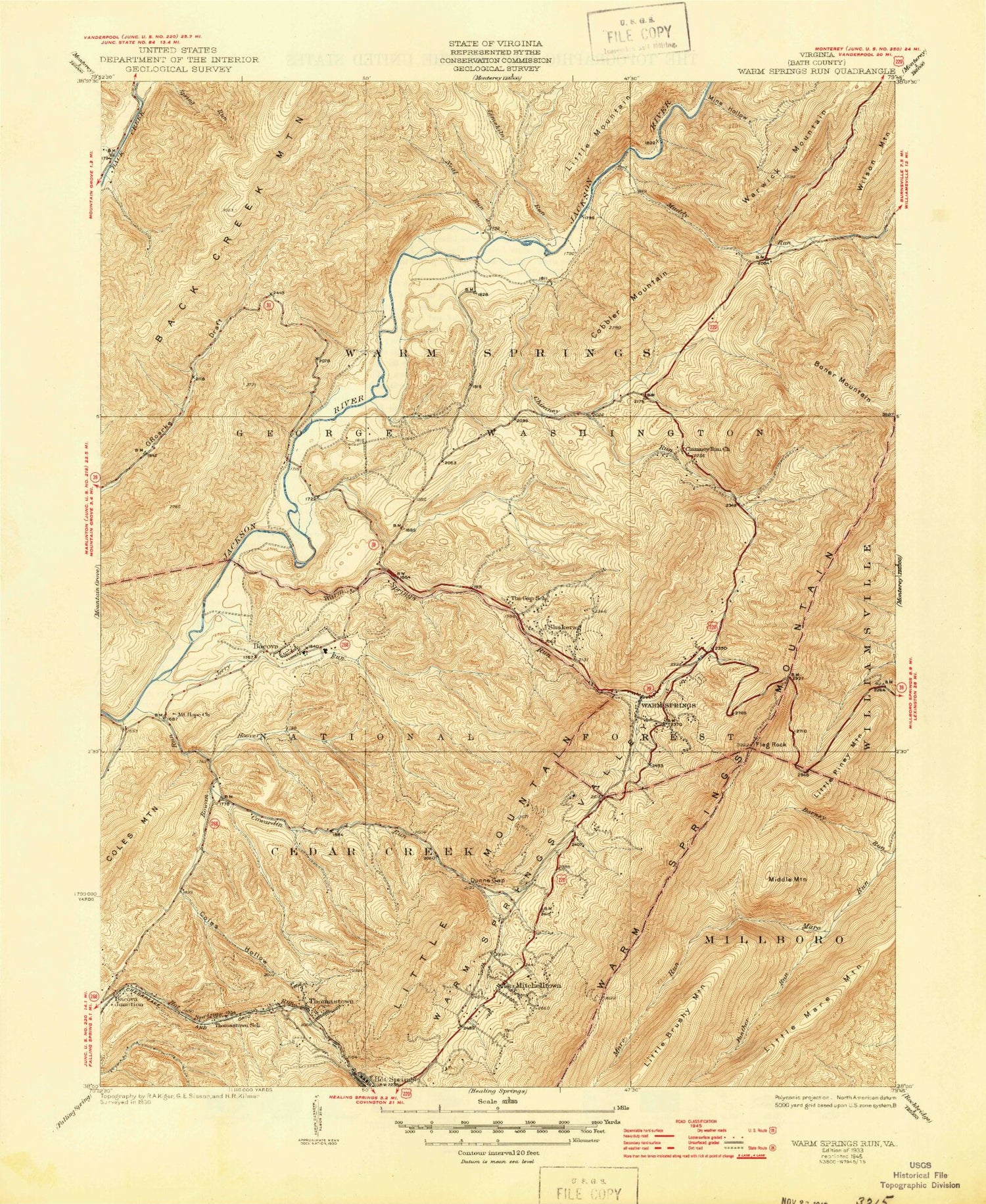 Classic USGS Warm Springs Virginia 7.5'x7.5' Topo Map Image