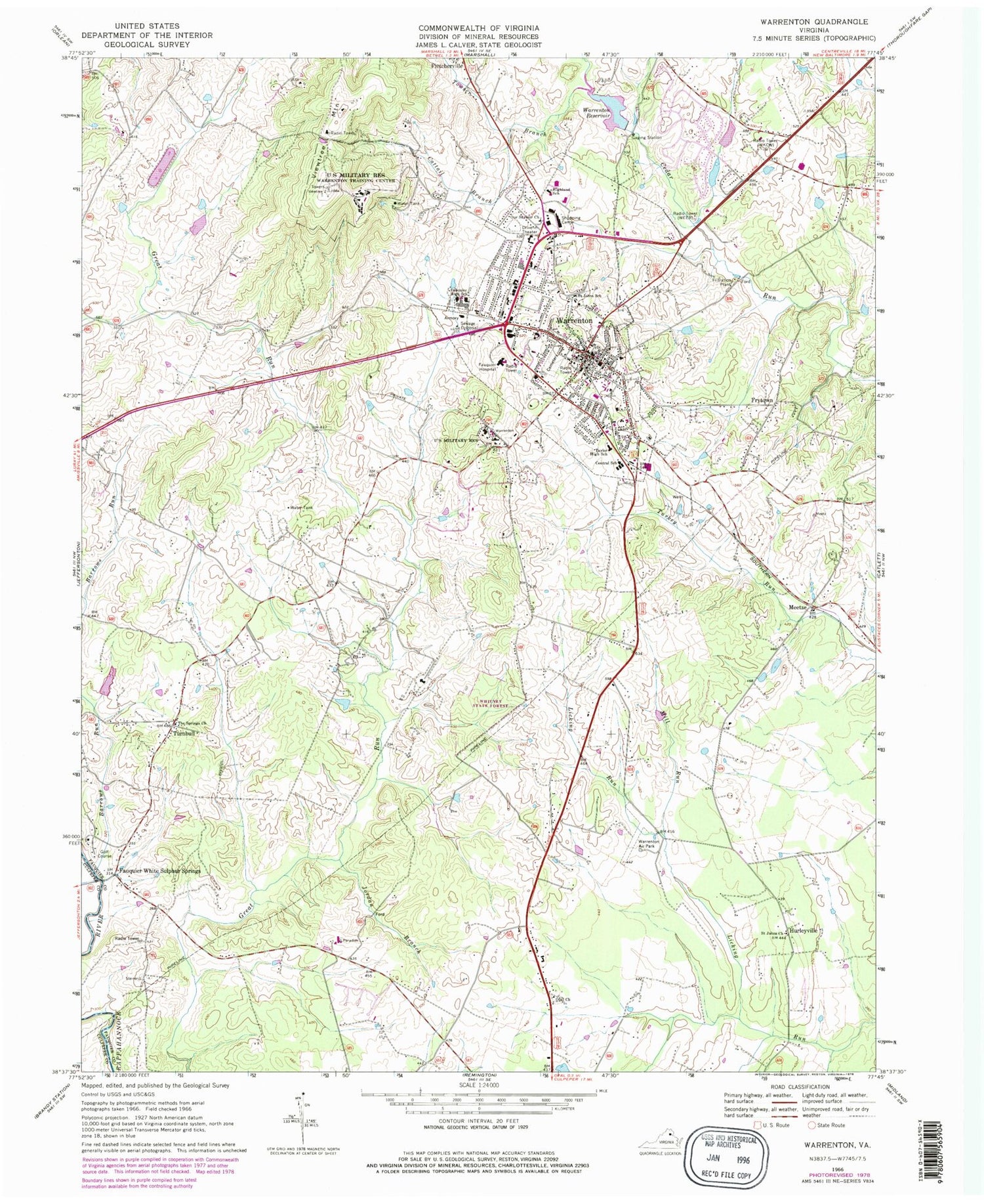 Classic USGS Warrenton Virginia 7.5'x7.5' Topo Map Image