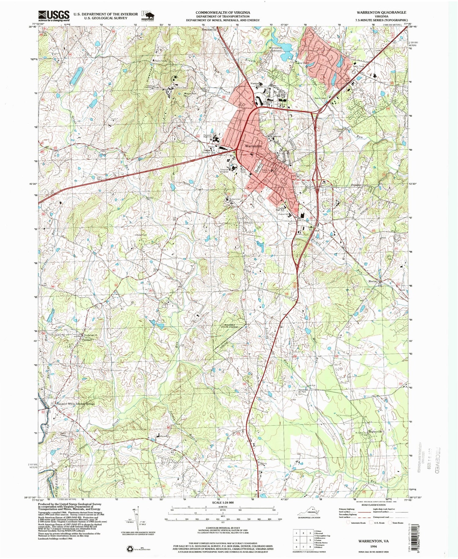 Classic USGS Warrenton Virginia 7.5'x7.5' Topo Map Image