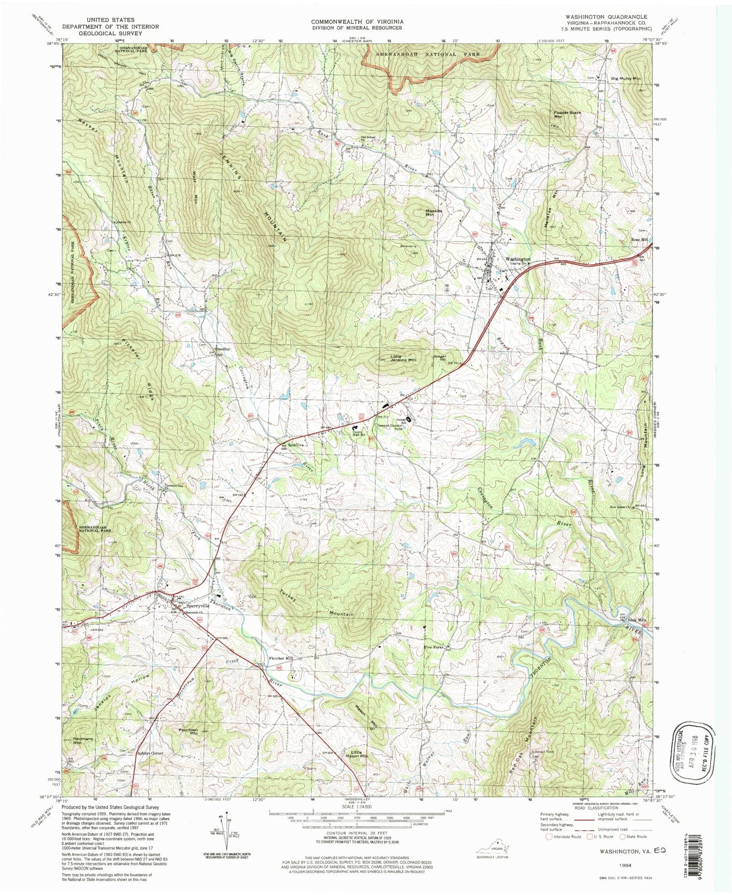 Classic USGS Washington Virginia 7.5'x7.5' Topo Map Image