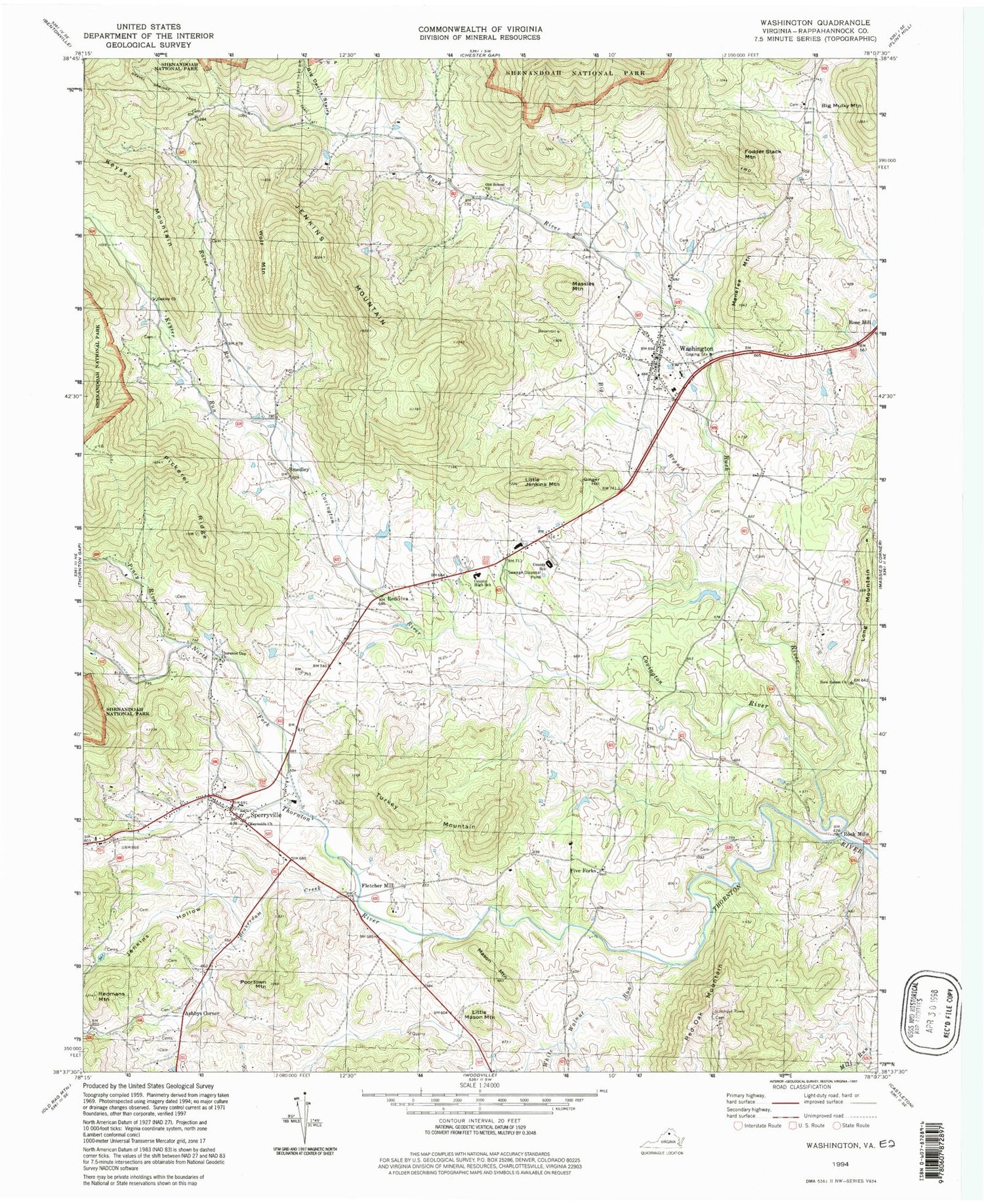 Classic USGS Washington Virginia 7.5'x7.5' Topo Map Image