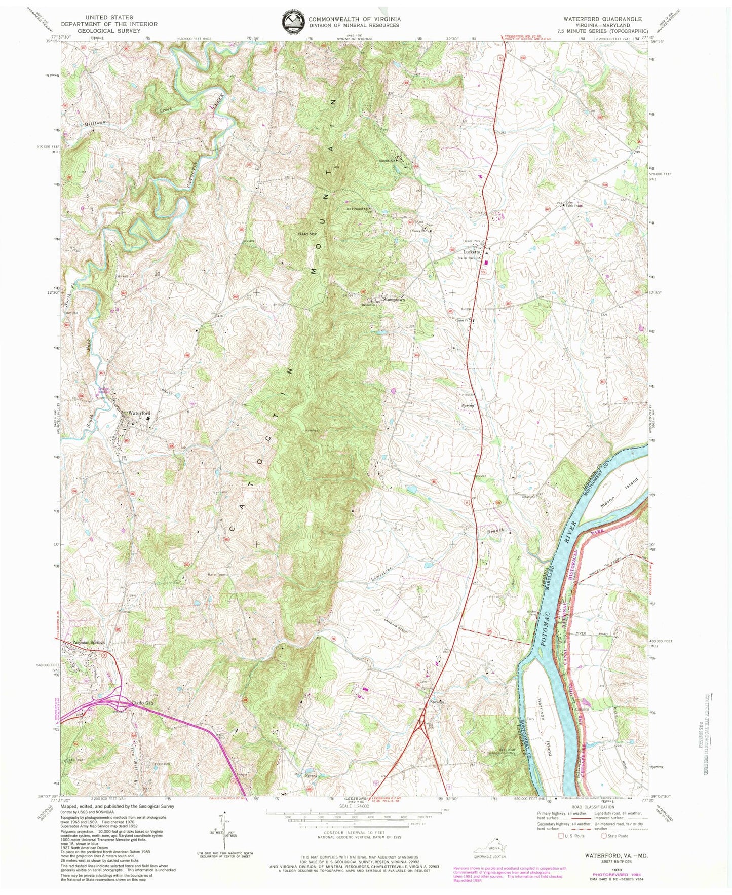 Classic USGS Waterford Virginia 7.5'x7.5' Topo Map Image