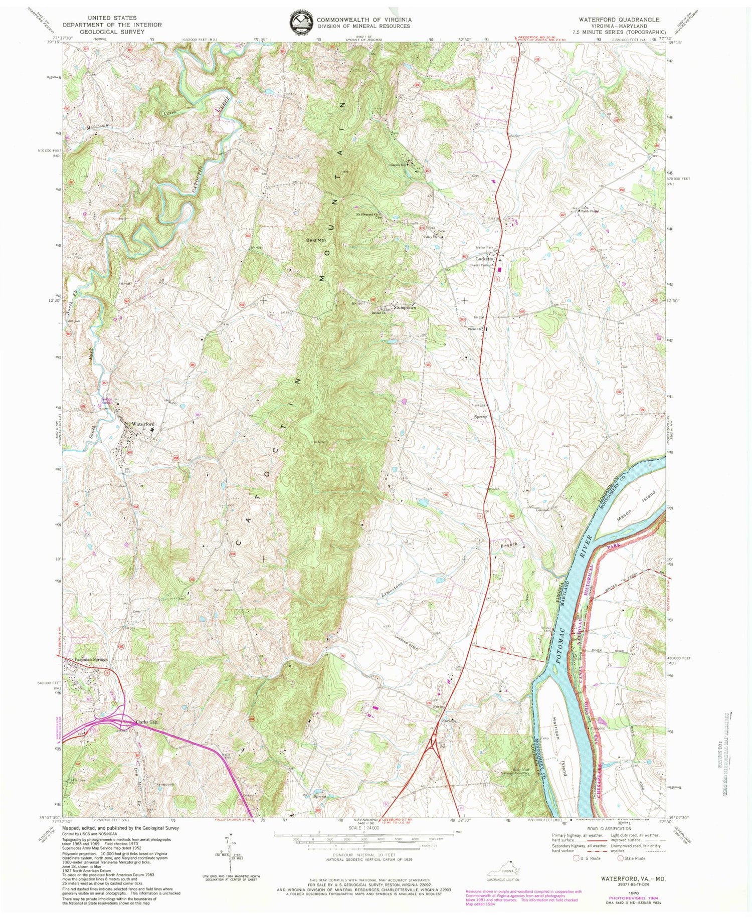 Classic USGS Waterford Virginia 7.5'x7.5' Topo Map Image