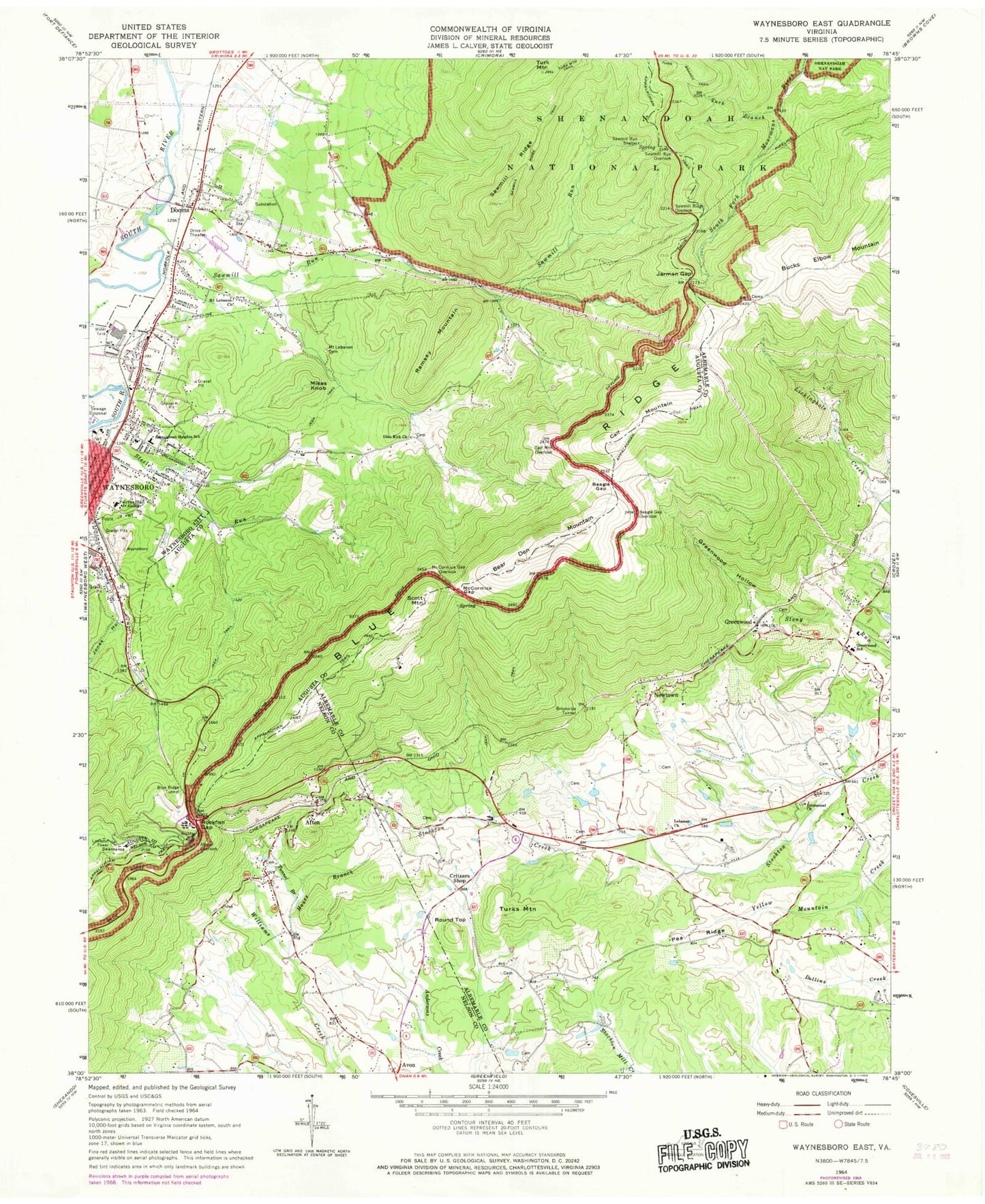 Classic USGS Waynesboro East Virginia 7.5'x7.5' Topo Map Image