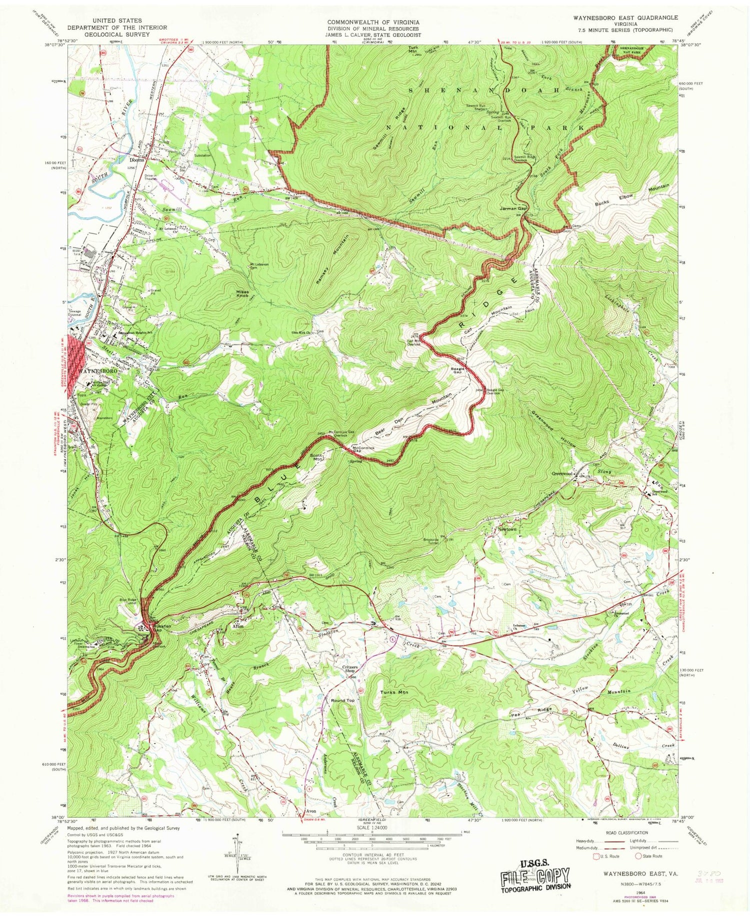 Classic USGS Waynesboro East Virginia 7.5'x7.5' Topo Map Image