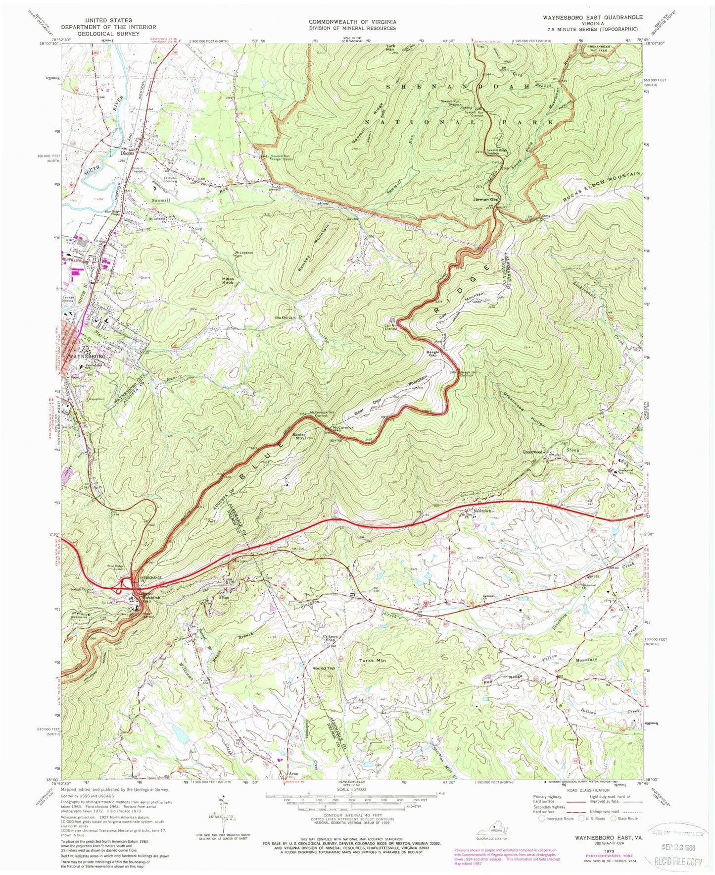 Classic USGS Waynesboro East Virginia 7.5'x7.5' Topo Map Image