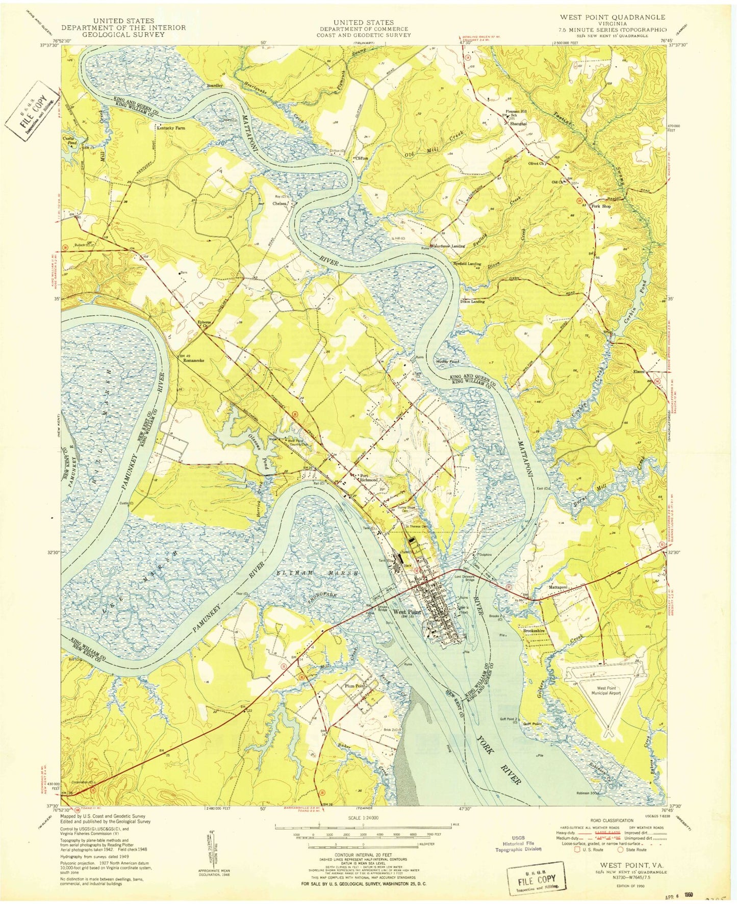 Classic USGS West Point Virginia 7.5'x7.5' Topo Map Image