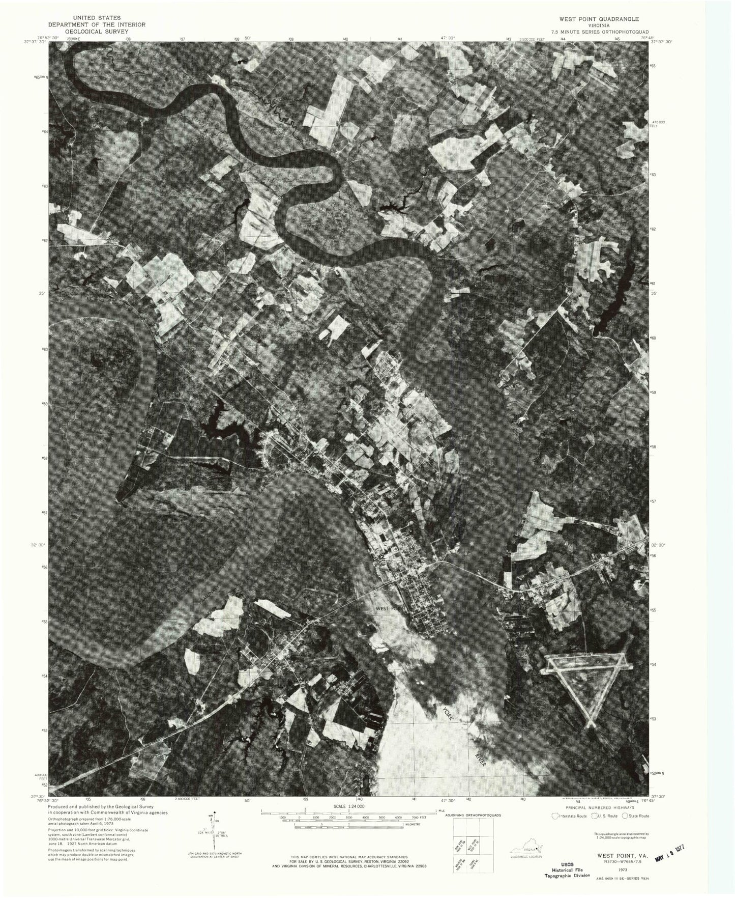Classic USGS West Point Virginia 7.5'x7.5' Topo Map Image