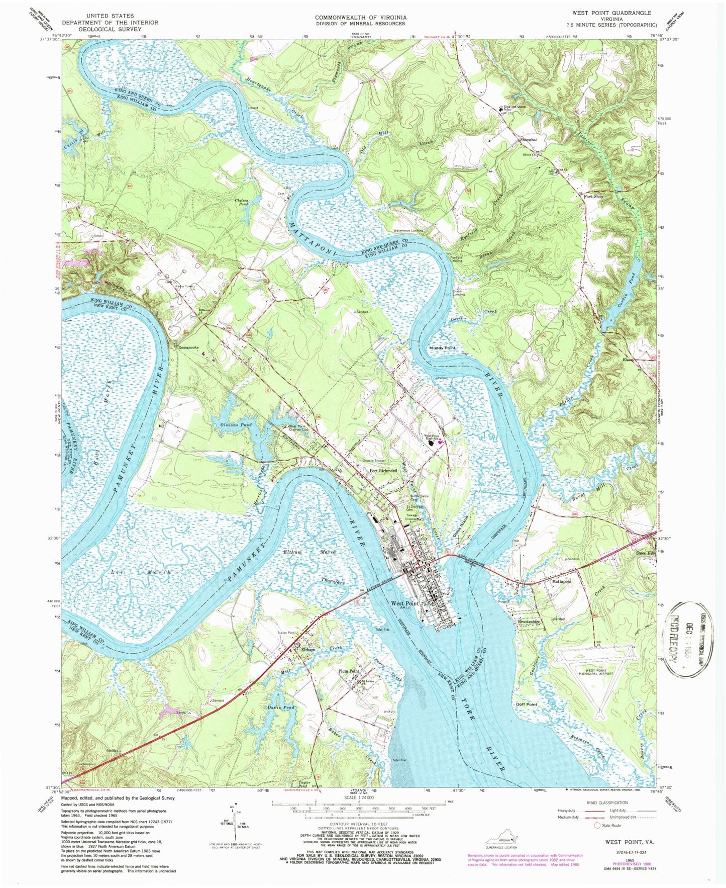 Classic USGS West Point Virginia 7.5'x7.5' Topo Map Image