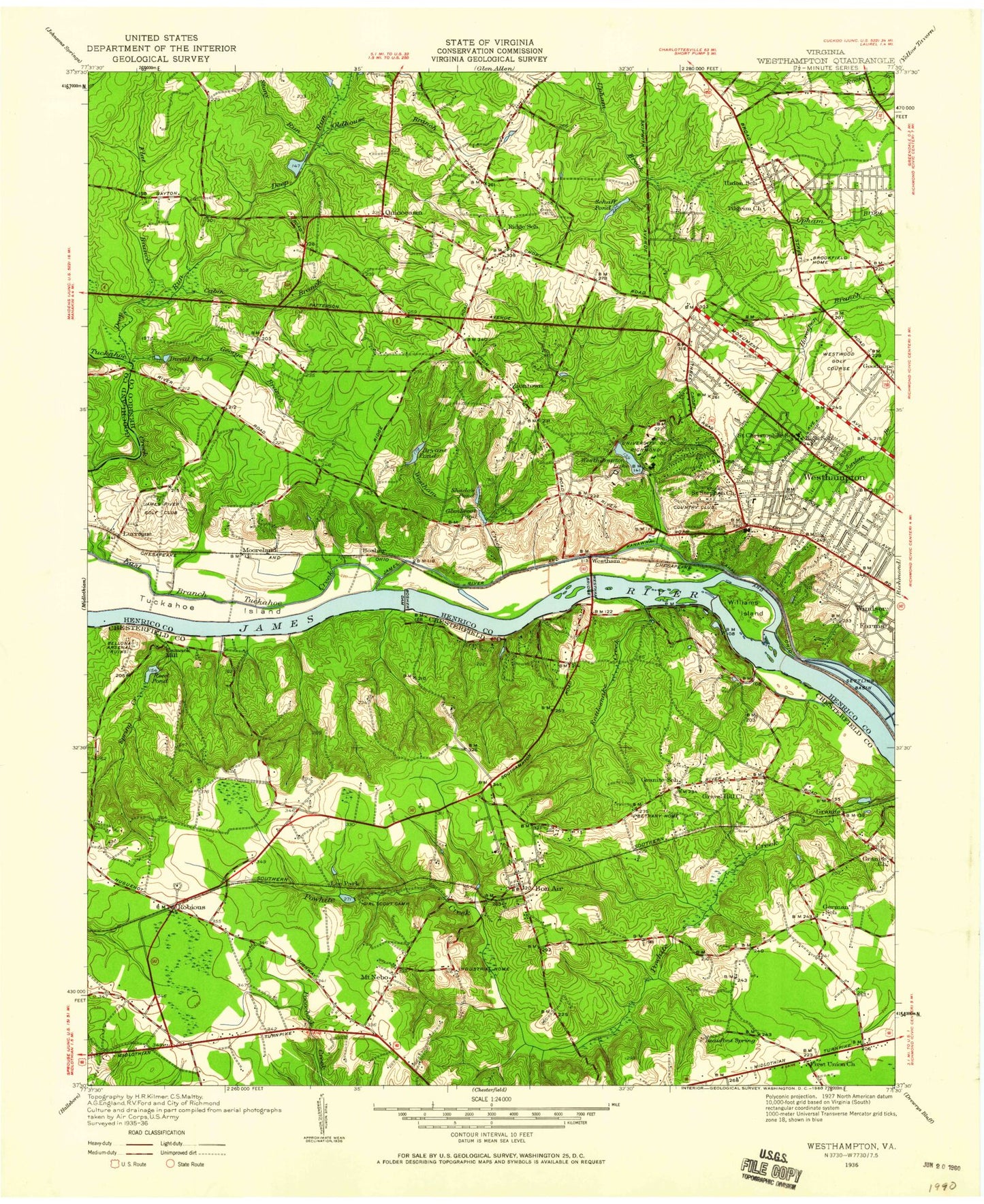 Classic USGS Bon Air Virginia 7.5'x7.5' Topo Map Image