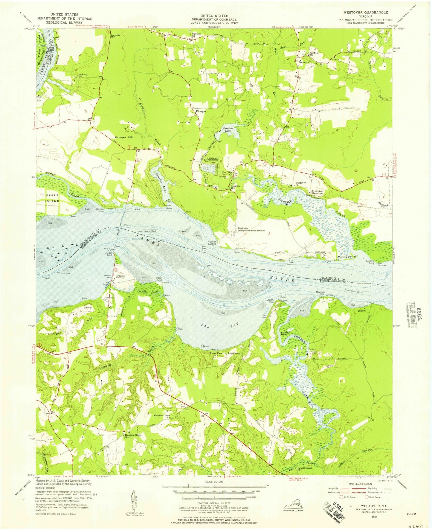 Classic USGS Westover Virginia 7.5'x7.5' Topo Map Image