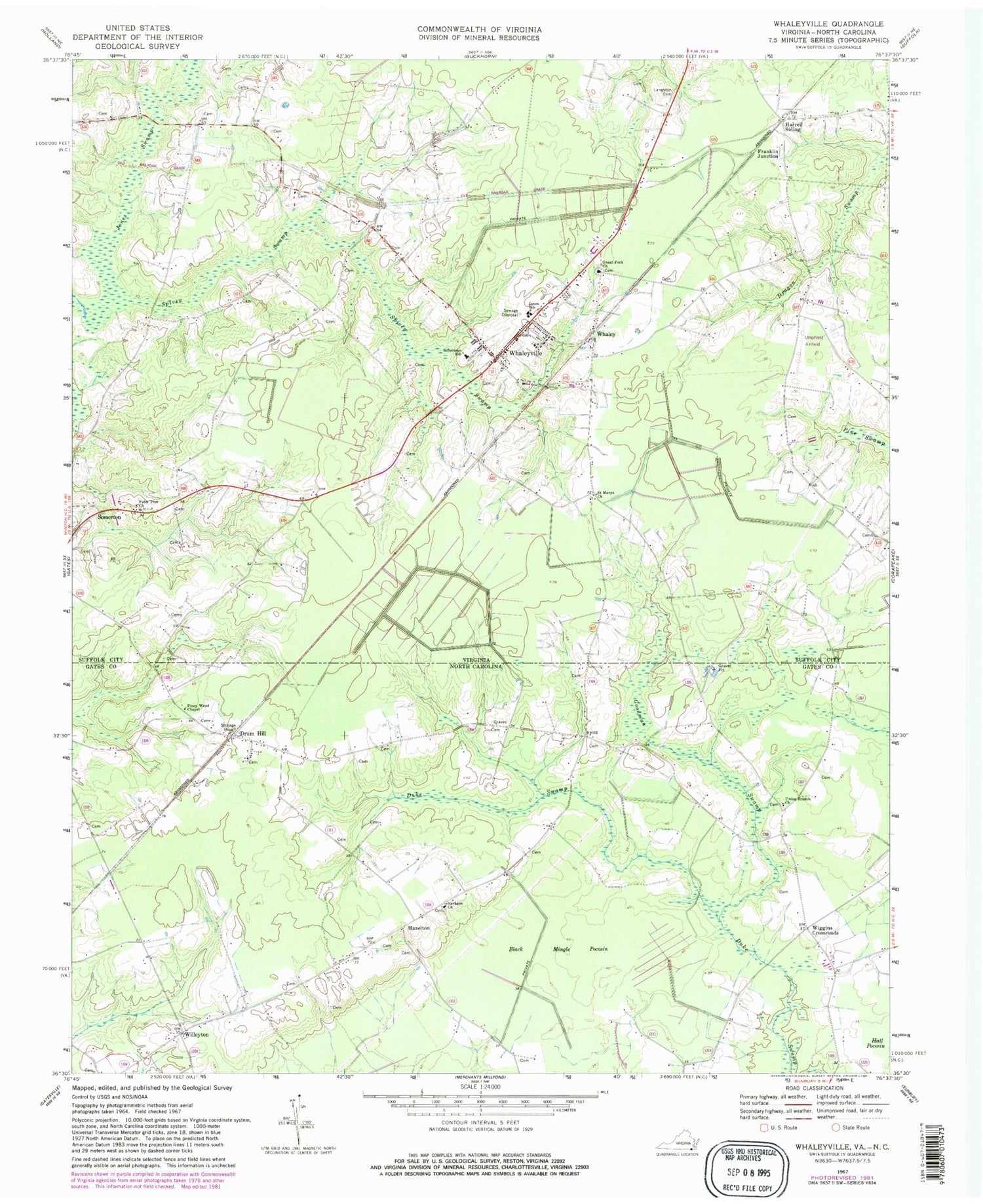 Classic USGS Whaleyville Virginia 7.5'x7.5' Topo Map Image