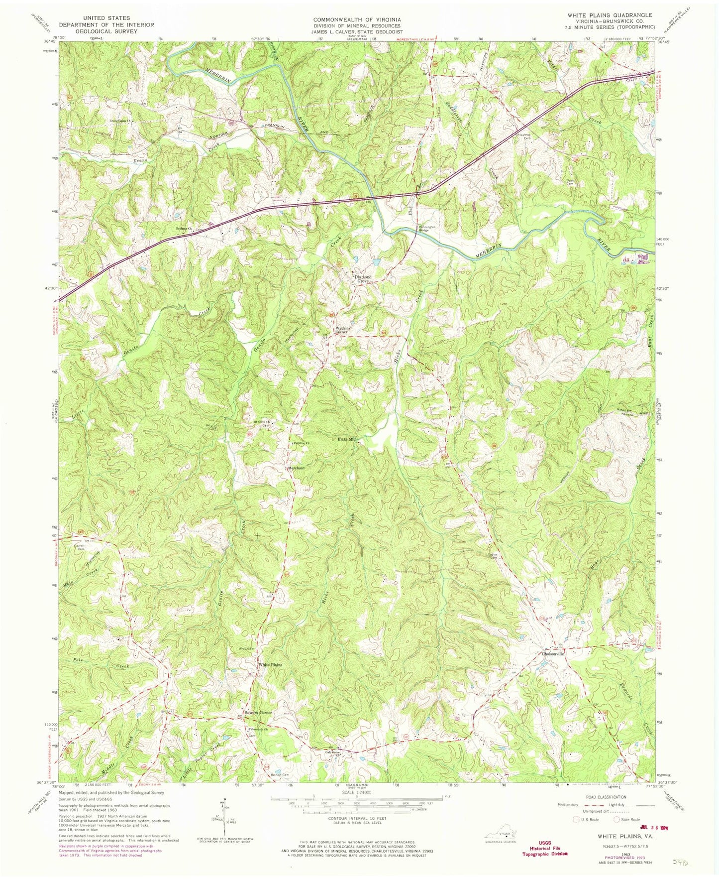 Classic USGS White Plains Virginia 7.5'x7.5' Topo Map Image