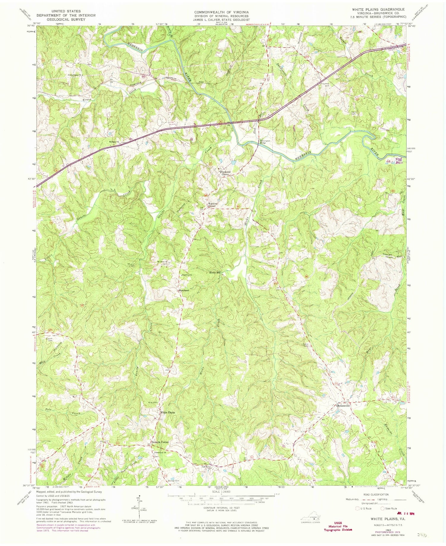 Classic USGS White Plains Virginia 7.5'x7.5' Topo Map Image