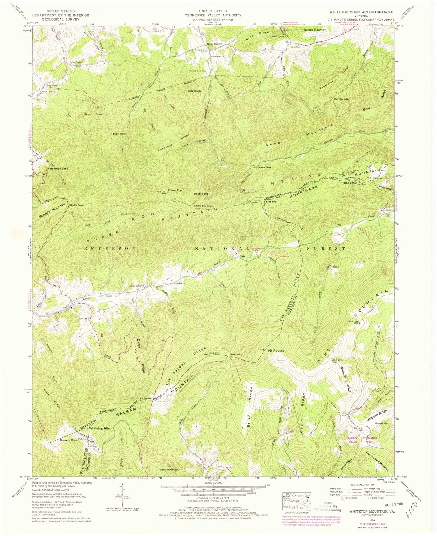 Classic USGS Whitetop Mountain Virginia 7.5'x7.5' Topo Map Image
