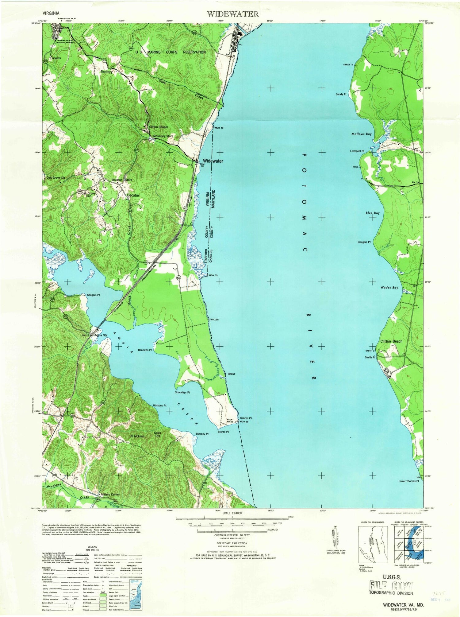 Classic USGS Widewater Virginia 7.5'x7.5' Topo Map Image
