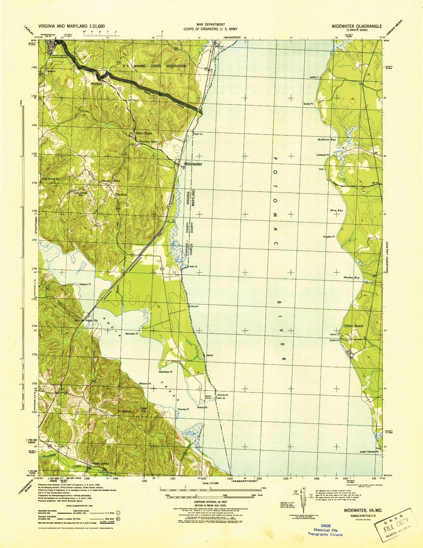 Classic USGS Widewater Virginia 7.5'x7.5' Topo Map Image