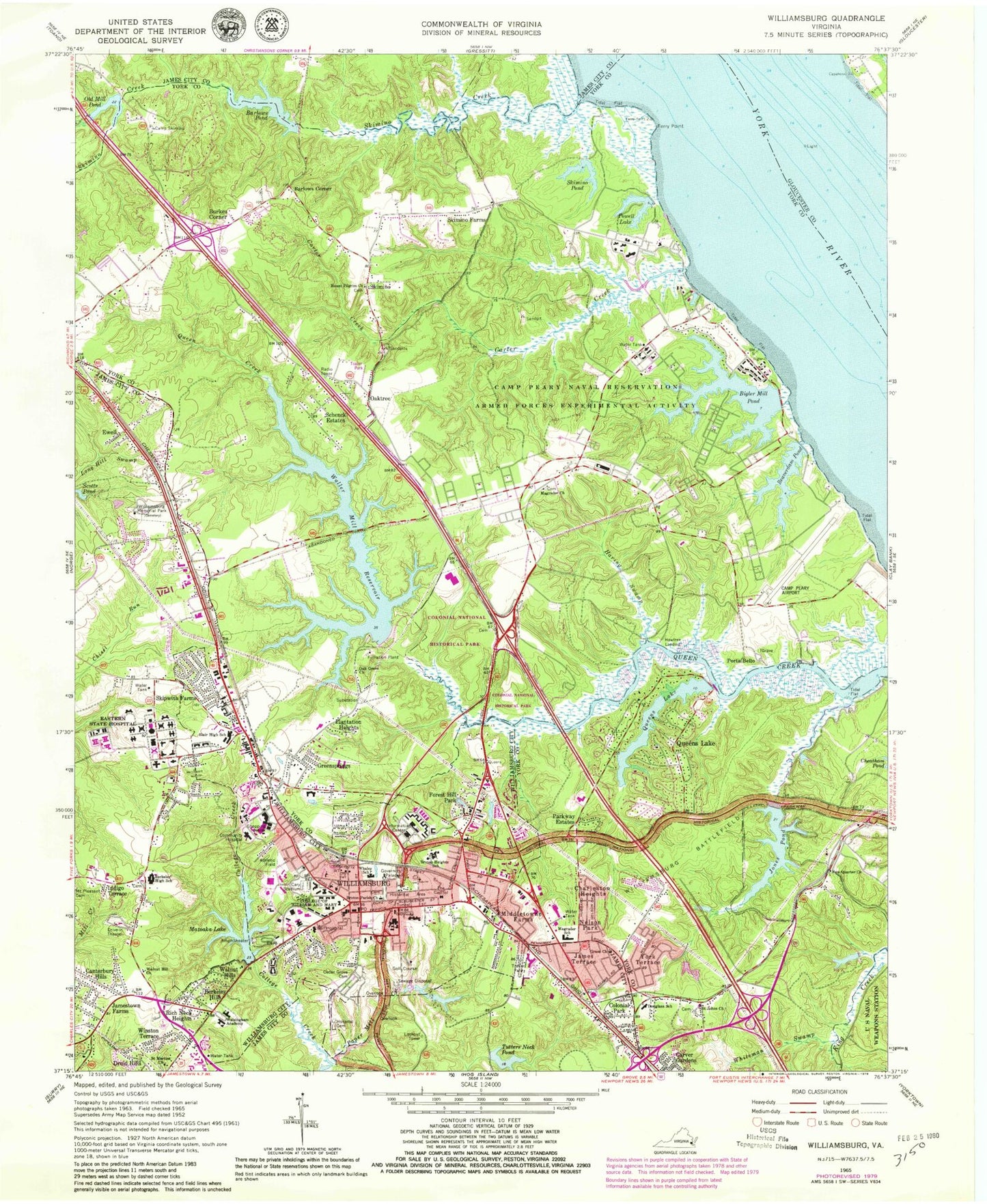 Classic USGS Williamsburg Virginia 7.5'x7.5' Topo Map Image