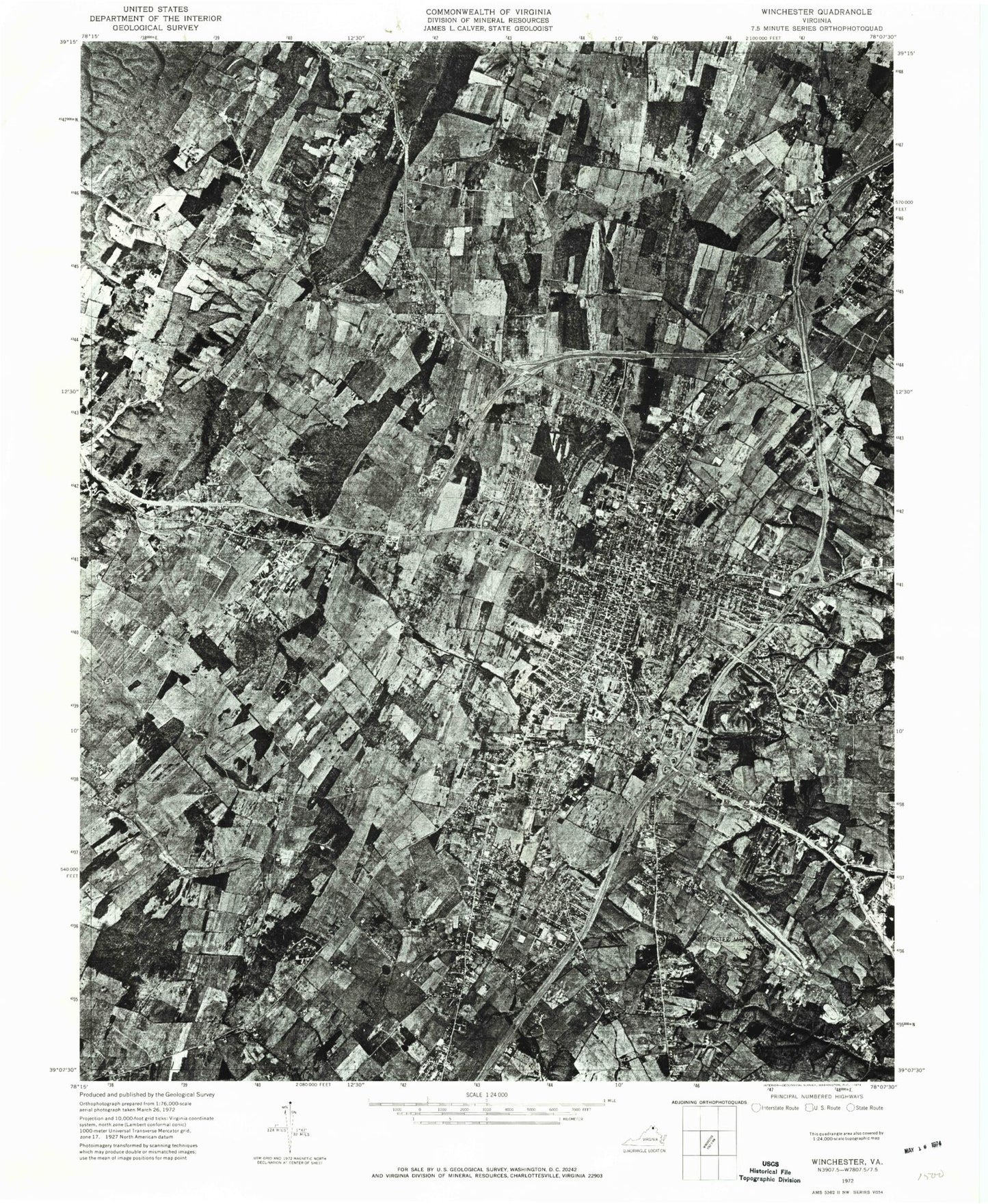 Classic USGS Winchester Virginia 7.5'x7.5' Topo Map Image