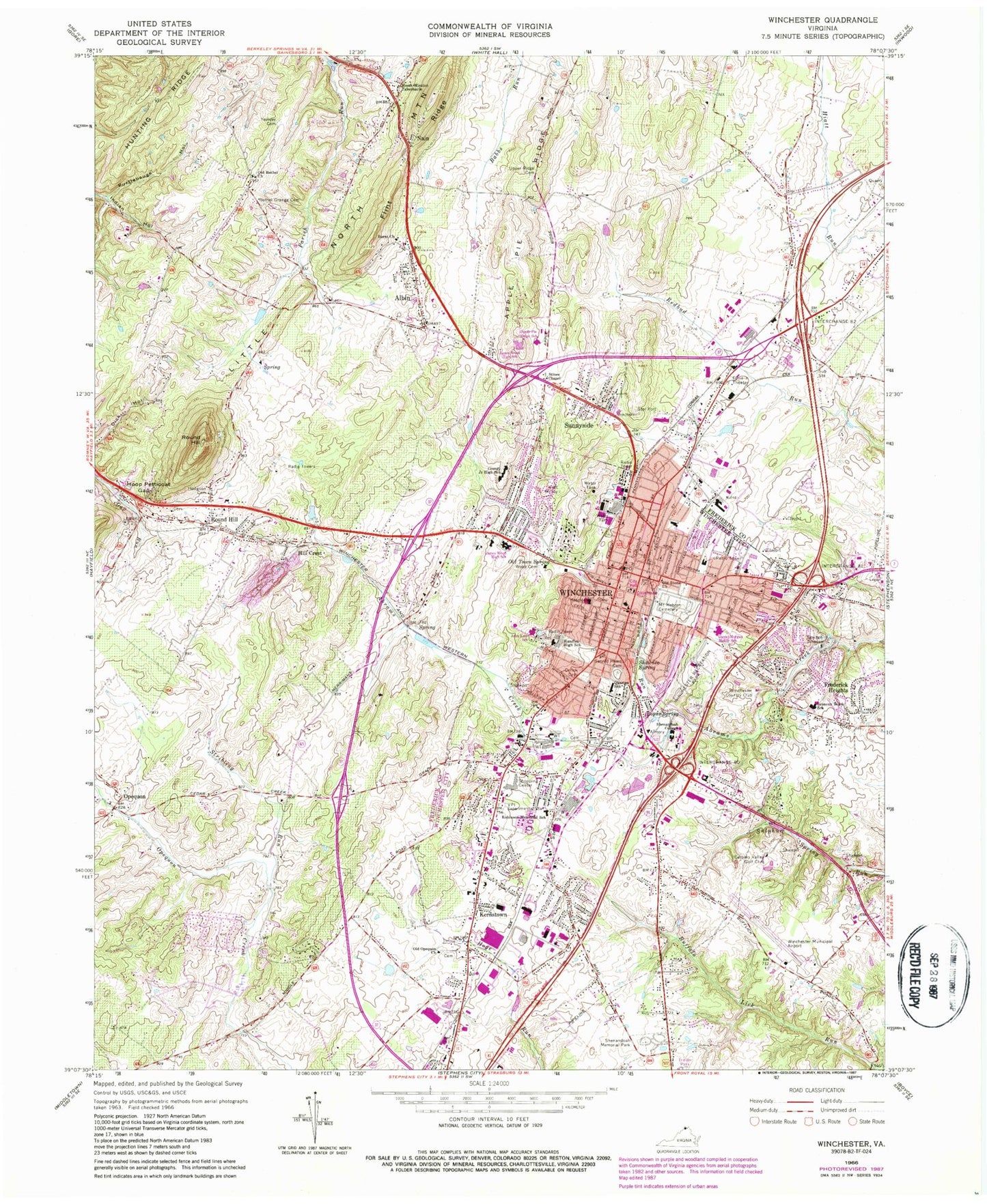 Classic USGS Winchester Virginia 7.5'x7.5' Topo Map Image