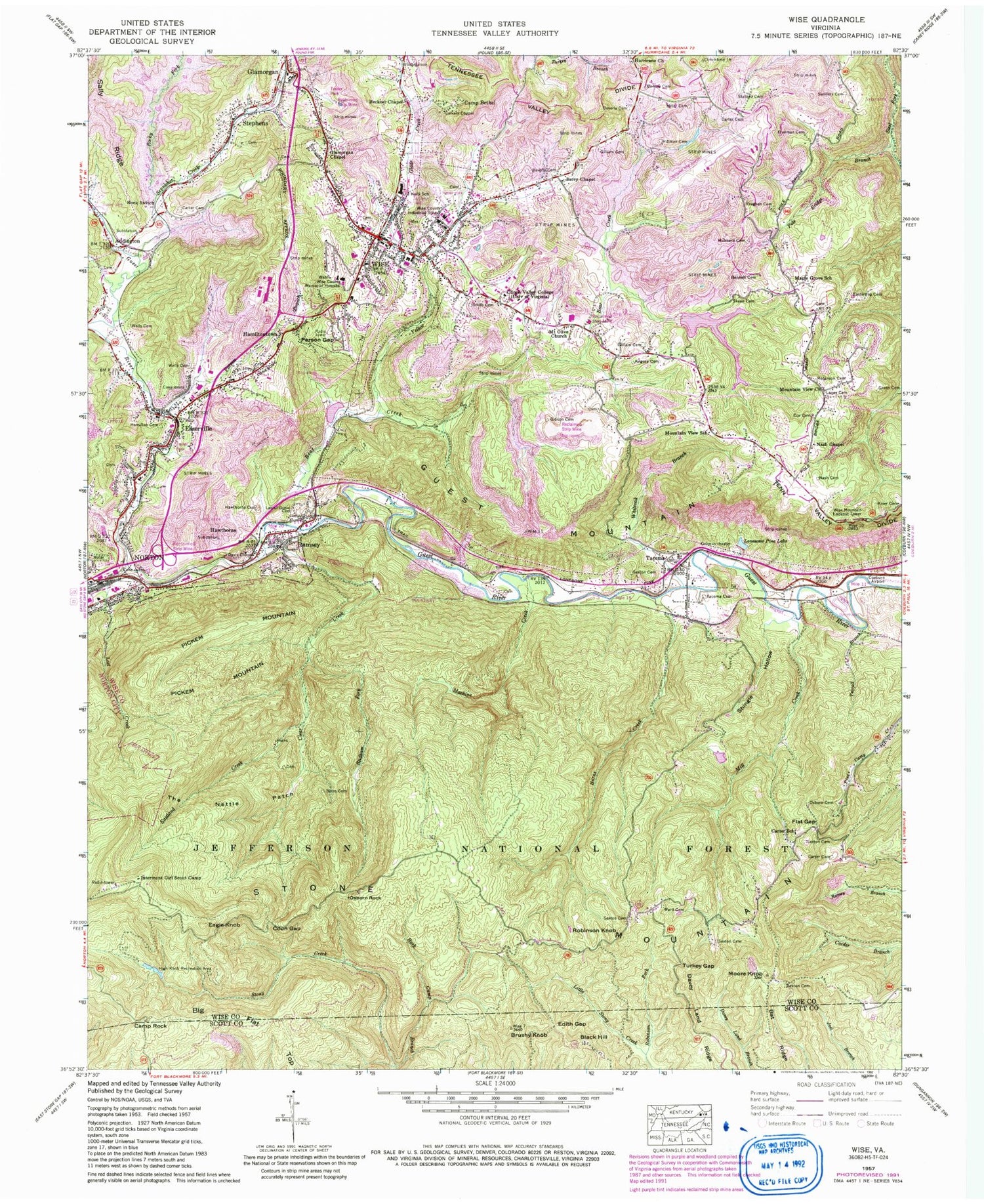 Classic USGS Wise Virginia 7.5'x7.5' Topo Map Image