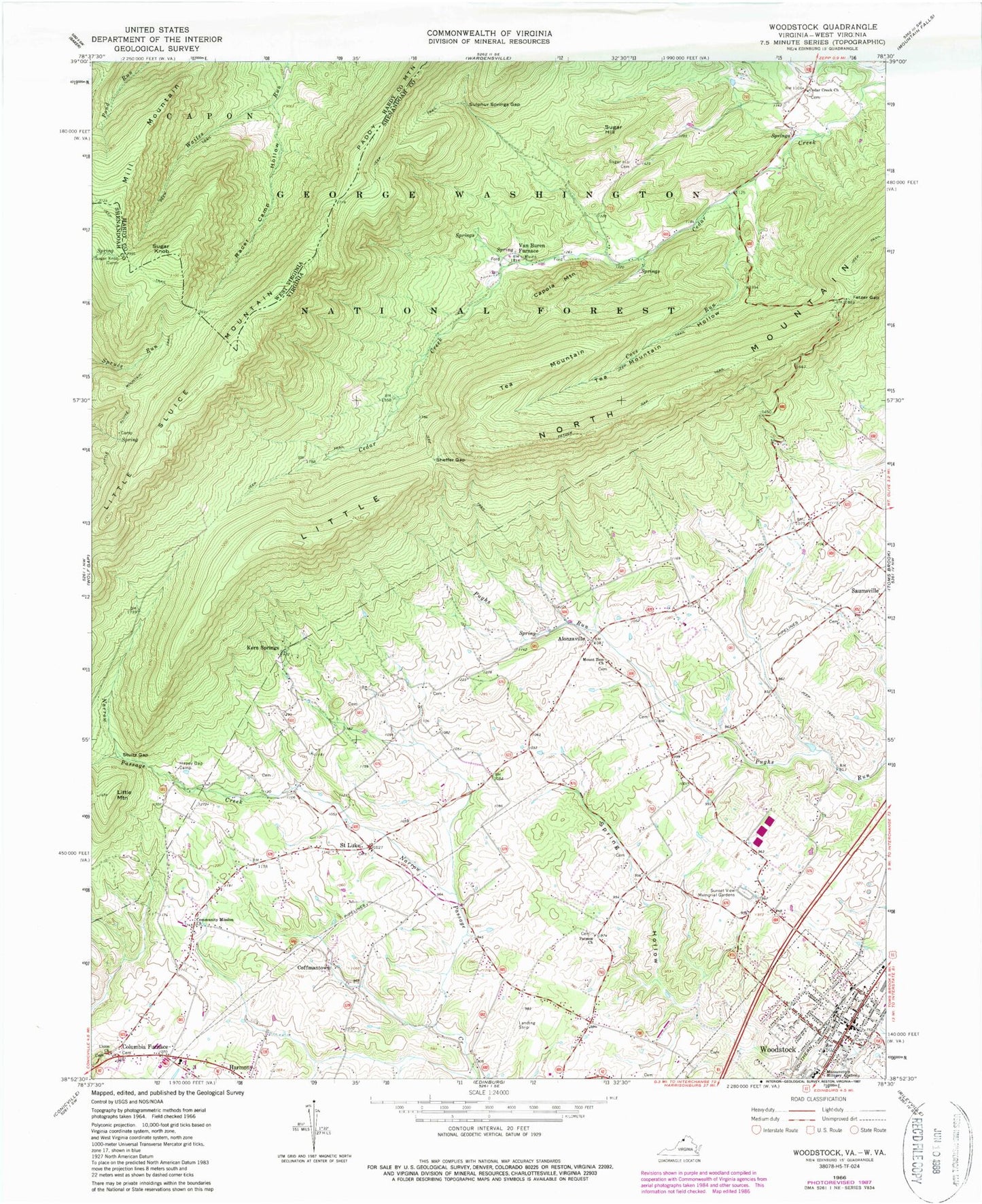 Classic USGS Woodstock Virginia 7.5'x7.5' Topo Map Image