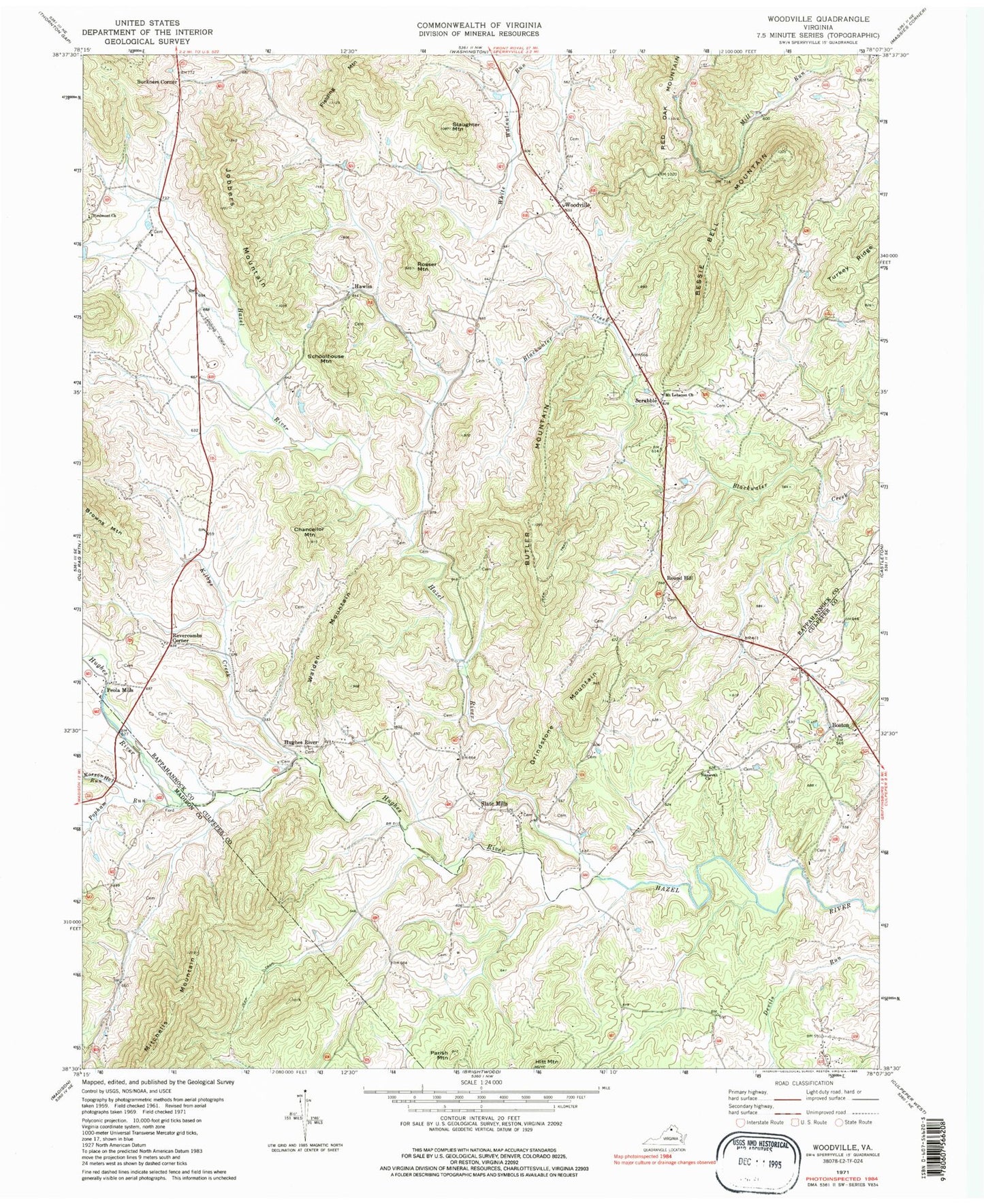 Classic USGS Woodville Virginia 7.5'x7.5' Topo Map Image